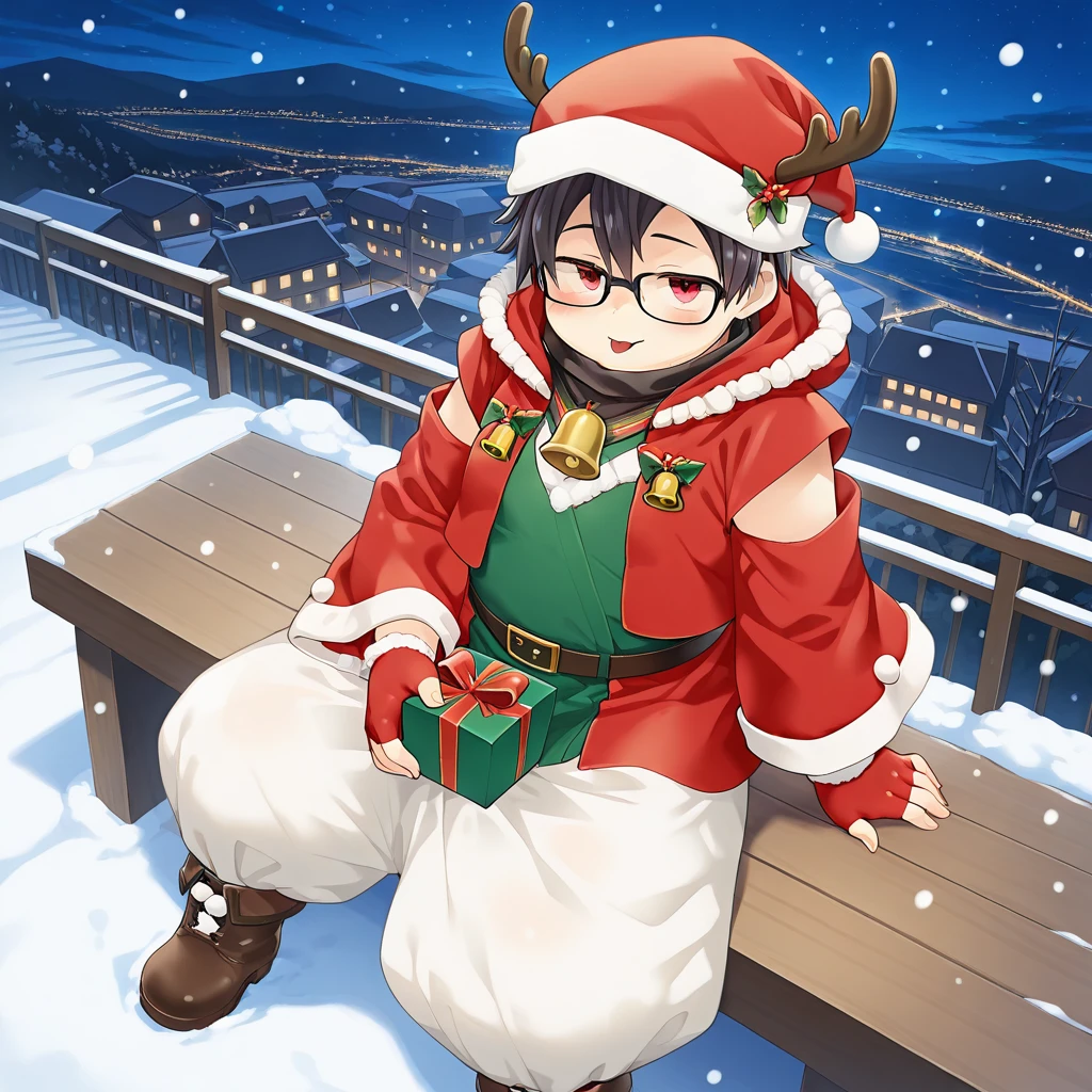 (masterpiece, best quality, amazing quality, colorful, vibrant, very aesthetic, detailed background), <lora:sagami-v1-000009:0.9> t-sagami, 1boy, red eyes, glasses, santa_costume, cropped_jacket, bell, hooded_jacket, santa hat, detached_sleeves, fur_trim, fingerless_gloves, puffy pants, brown boots, holding gift box, outdoors, smile, sitting, solo, from above, close-up, tongue out, 
BREAK snowing, outdoors, night, multiple boys, multiple girls, multiple others