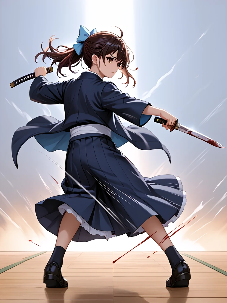 score_9, source_anime, holding katana, holding knife, hand on hilt, battle stance, dancing, lunge, 1girl, updo, hair bow, japanese clothes, open coat, full body, motion blur, motion lines, speed lines, wind lift, spin in place, [(((flaming_weapon, blood_on_knife))):14], <lora:girllikekatanaandknife_pony:0.5>