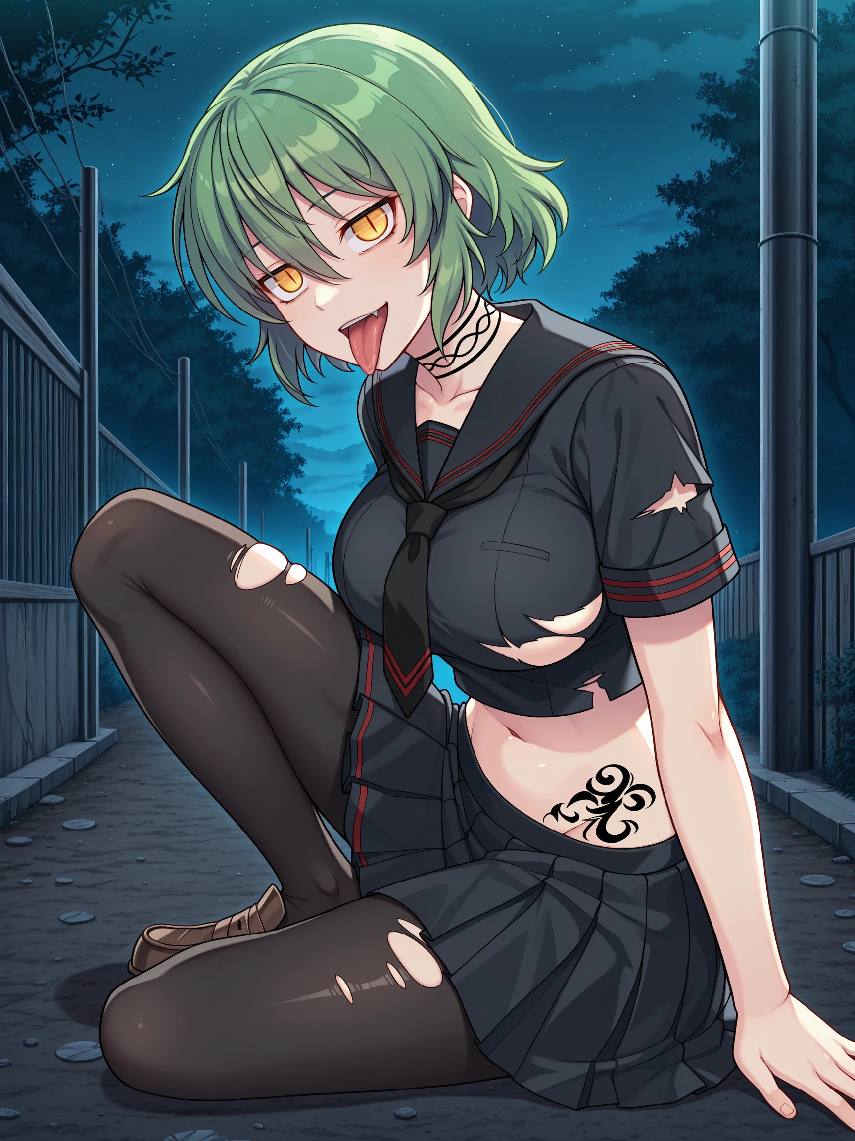 masterpiece, best quality, amazing quality, frostbite
(solo:1.4), Hikage_IL, yellow eyes, slit pupils, green hair, short hair, large breasts, neck tattoo, stomach tattoo, BREAK, Hikage_hebijo, school uniform, black sailor collar, black tie, black serafuku, black shirt, black skirt, pleated skirt, crop top, short sleeves, black legwear, brown loafers, ripped clothes
head tilted to side, (madness:1.3), crazy eyes, tongue out, outdoors, night, dark atmosphere
<lora:SK_Hikage_IL:1>
<lora:frostbitev2_Illu_dwnsty:0.7>