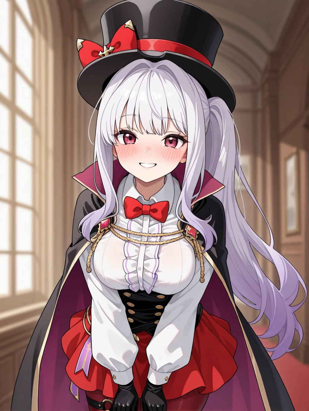 lucy, 1girl, solo, long hair, blush, smile, skirt, shirt, gloves, long sleeves, hat, bow, white shirt, white hair, pantyhose, frills, black gloves, bowtie, cape, red bow, side ponytail, black headwear, thigh strap, red skirt, top hat, black cape, two-sided fabric, red eyes



masterpiece, best quality,amazing quality, very aesthetic, absurdres, depth of field, blurry background, extremely detailed face, detailed eyes