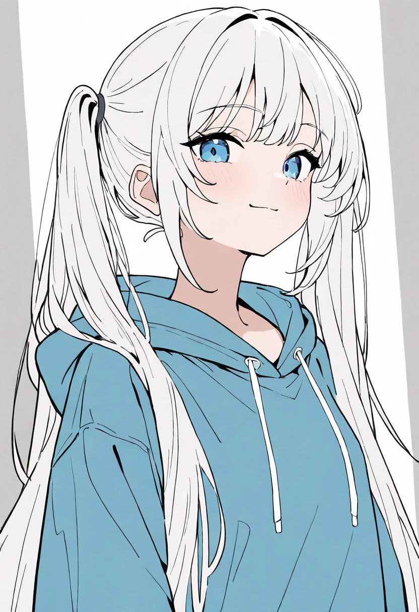 1girl,solo,white hair,flat color,blue eyes,very long hair,hoodie,looking at viewer,(smile:0.6),upper body,twintails,profile picture, 
best quality,newest,highres,absurdres,