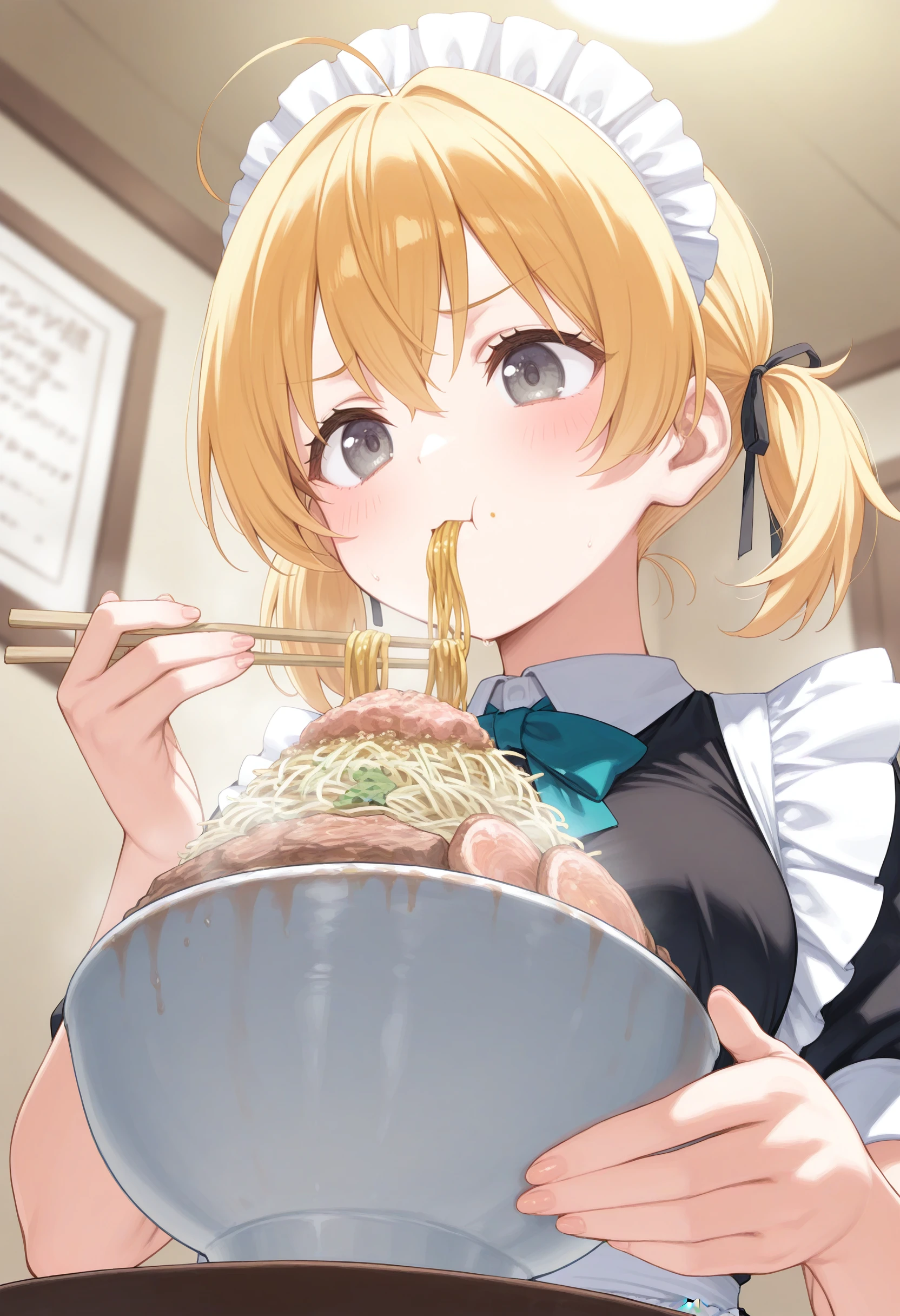 1girl,(sho \(sho lwlw\):0.7),(toosaka asagi:0.5),(sincos:0.3),solo,
masterpiece, best quality, newest, absurdres, CG, anime, source anime, illustration,
maid, maid headdress,medium breasts,
jirou,ramen,eating, noodles, holding bowl, sitting, <lora:jirou_Illust_v1:0.8>
from below, portrait, looking to the side, blonde hair, gray eyes,furrowed brow, short twintails hair,