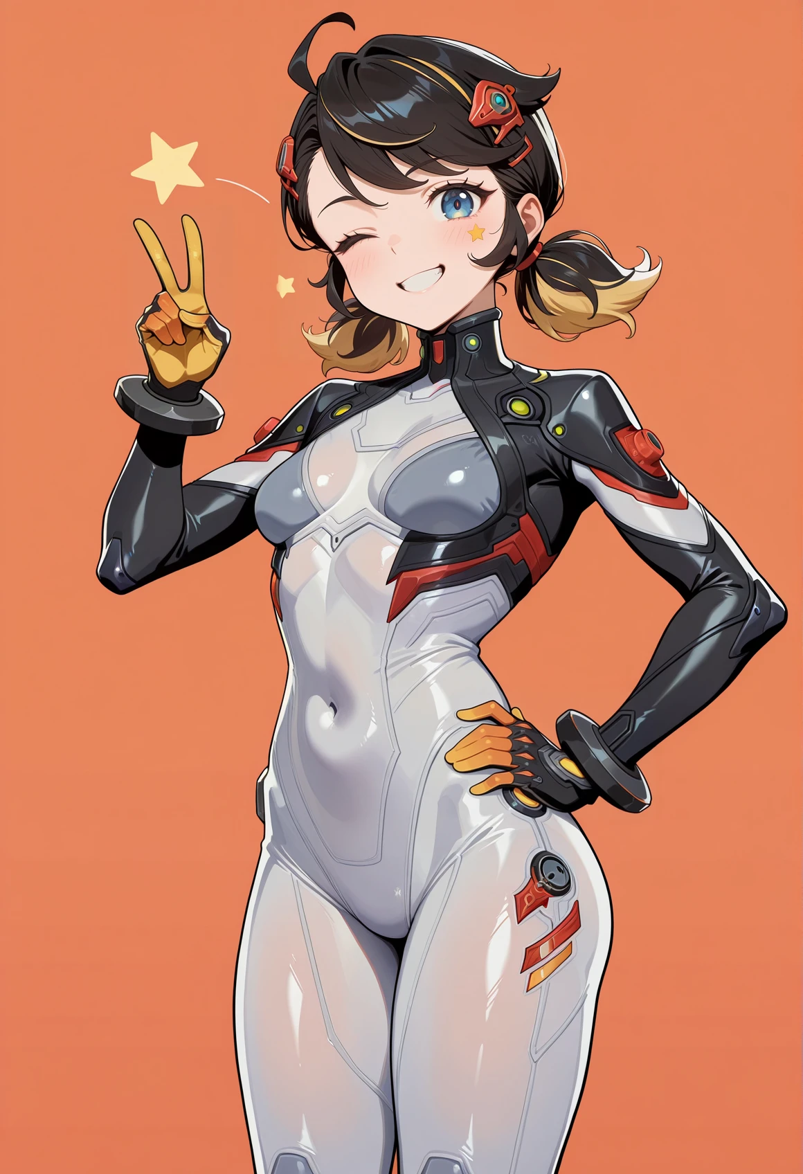 1girl, medium hair, blue eyes, multicolored hair, low twintails, black hair, blonde hair, hair ornament, bodysuit, full bodysuit, simple background, orange background, star \(symbol\), wink, v, hand on own hip <lora:Penny_Parker_Rivals:1>, masterpiece, best quality, amazing quality, very aesthetic, absurdres, highres, newest