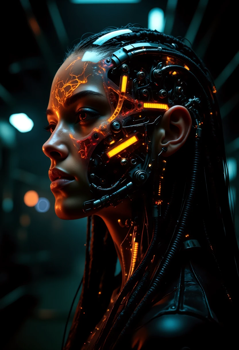 Delirium style, cybernetic woman with a strong, mechanical appearance. Her face is adorned with intricate metal and cybernetic components, including glowing orange lights and mechanical bolts. Her hair is long and braided, with strands of metal and wires visible. The background should be a dark, industrial setting with blurred lights and structures, giving a sense of a futuristic, sci-fi environment. The overall style should be dark and dramatic, with a focus on the intricate details of the cybernetic components. The subject's head is rendered in a mesmerizing, glowing, translucent material that seems to be a blend of organic and mechanical elements. The face and neck are encased in a clear, glass-like material, filled with intricate, swirling patterns of orange, red, and yellow hues, suggesting a mix of biological and technological components.  <lora:flux_realism_lora:0.8>,  <lora:MysticFantasy:0.8>,  <lora:ARTifacts:0.8>,  <lora:style_of_Alena_Aenami_FLUX_326_r1:0.7>, style of Alena Aenami, <lora:Delirium:0.8>, Delirium style,  <lora:style_of_H._R._Giger_FLUX_295:1>, style of H. R. Giger,âââ