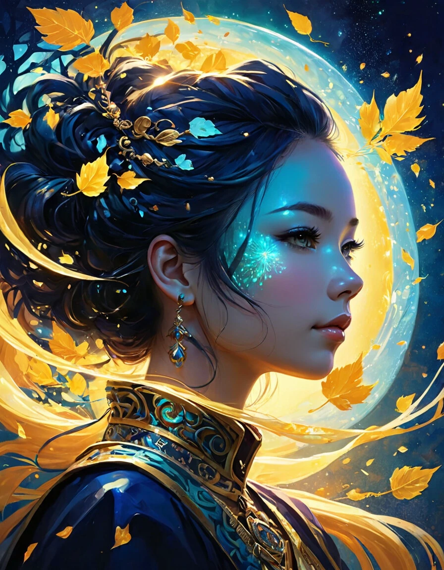 1girl, (from side), (silhouette:1.2), profile, big hair, masterpiece, best quality, light particle, depth of field, field, scenery, fantasy, indigo light, (far away:1.1), cute girl, midriff, tribal sash, pastel colors, chromatic aberration, glow in the dark dark, cloudy sky, space, orange aura, aura, cinematic, dark atmosphere, night , dark hole, glowing eyes, teal light, illumination, light rays, eye in the sky, (grass:0.9), falling petals, oniric portrait of a tall cloaked figure with a white mask, Azem the Traveler, yearning to explore the ends of the world to discover its wonders and help its denizens, by Andy Kehoe, a gradient masterpiece, blue cyan yellow, Rococopunk, luminism, seamless, China ink, Ink Bubbles, Gold leaf lines, alcohol ink elements, curved lines, cinematic, realism, chiaroscuro, Shadow play, Gold leaf small lines, bright splashes of alcohol ink puddles, volumetric light, auras, rays of sunlight, bright colors reflect, isometric, digital art, smog, toxic waste, chimneys and railroads, 3d render, octane render, volumetrics, by greg rutkowski, anime style