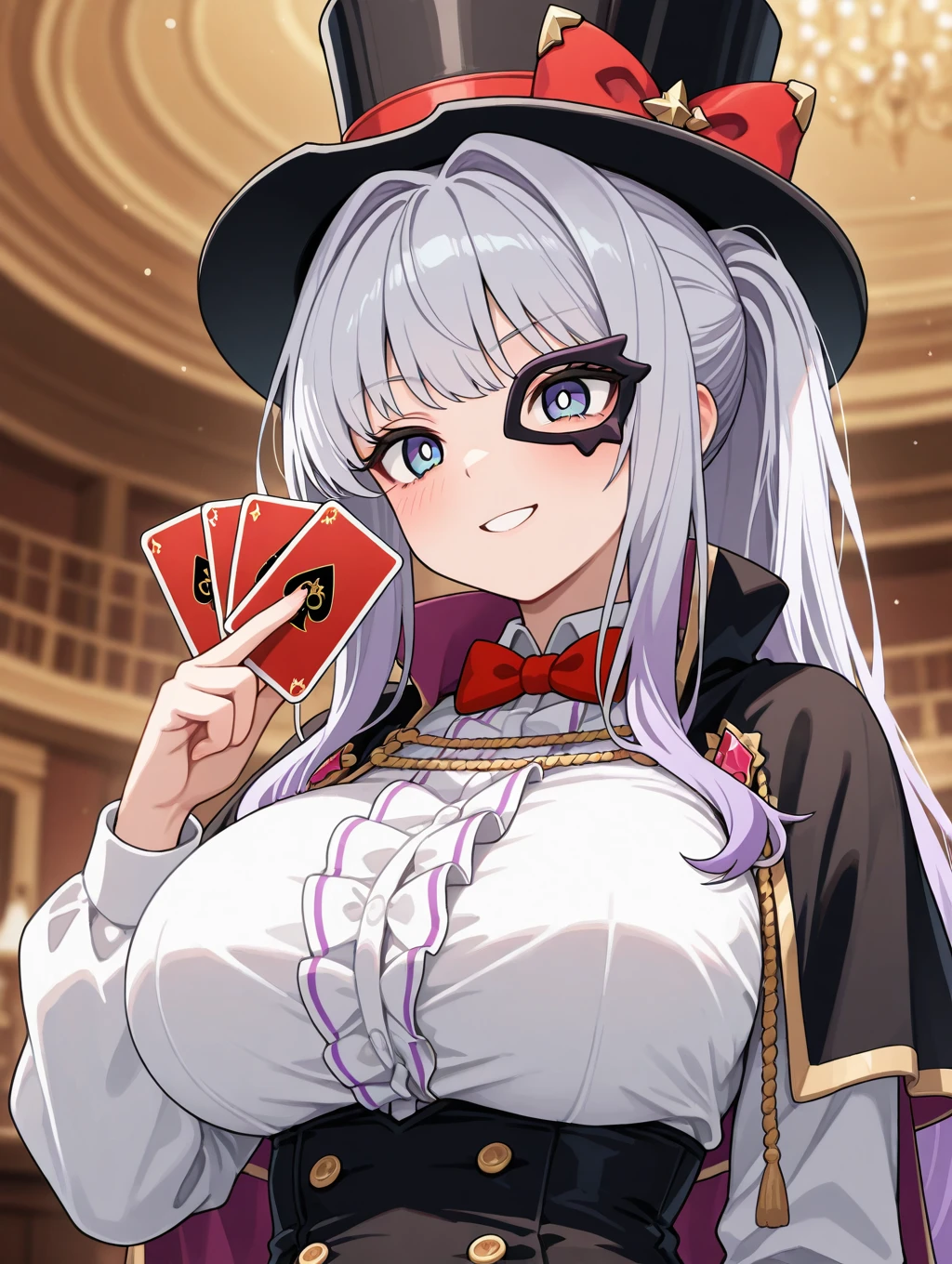 lucy, 1girl, solo, smile, large breasts, shirt, long sleeves, hat, bow, holding, white shirt, upper body, white hair, grey hair, twitter username, red bow, black headwear, capelet, bright pupils, white pupils, top hat, card, playing card, holding card


masterpiece, best quality,amazing quality, very aesthetic, absurdres, depth of field, blurry background, extremely detailed face, detailed eyes