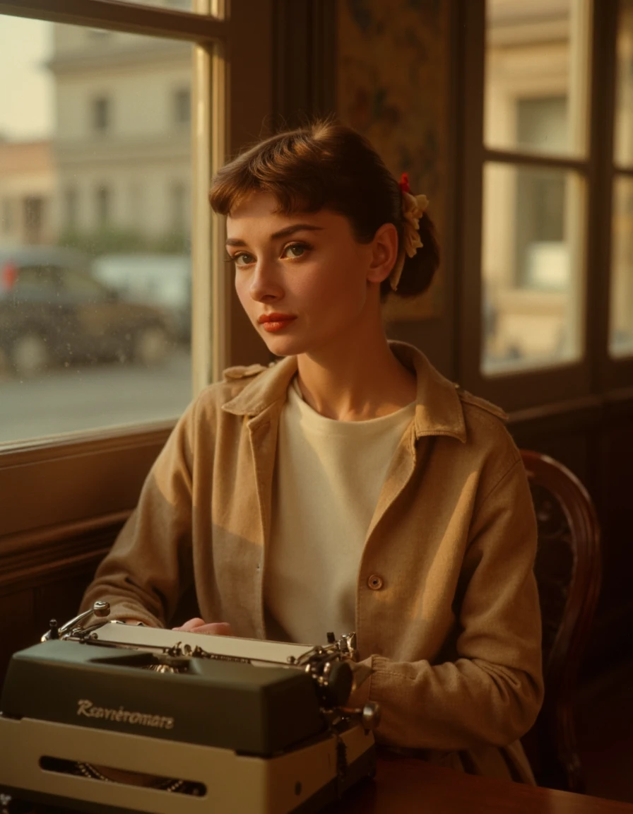 4udr3yh3p8urn, a woman in a casual yet elegant outfit, sitting in a sunlit cafÃ© with a vintage typewriter, her gaze thoughtful as she writes <lora:F1D_Audrey-Hepburn_v01e09:1.0>, warm and inviting tones, intricate textures, nostalgic atmosphere, artistic and literary charmâââ