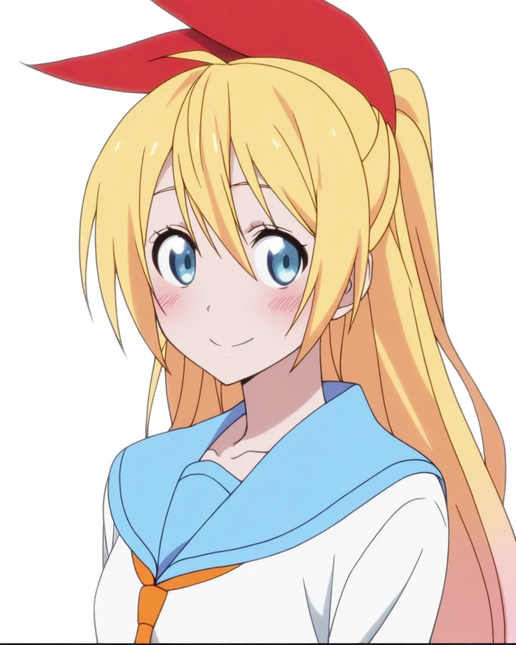 best quality, masterpiece, (anime screencap, simple background, solid white background:1.5), 1girl, solo, (looking at viewer, upper body:1.3) three quarter view, <lora:chitoge-nisekoiIL:0.8>, chitoge kirisaki, long hair, hair ribbon, school uniform, blush, smile