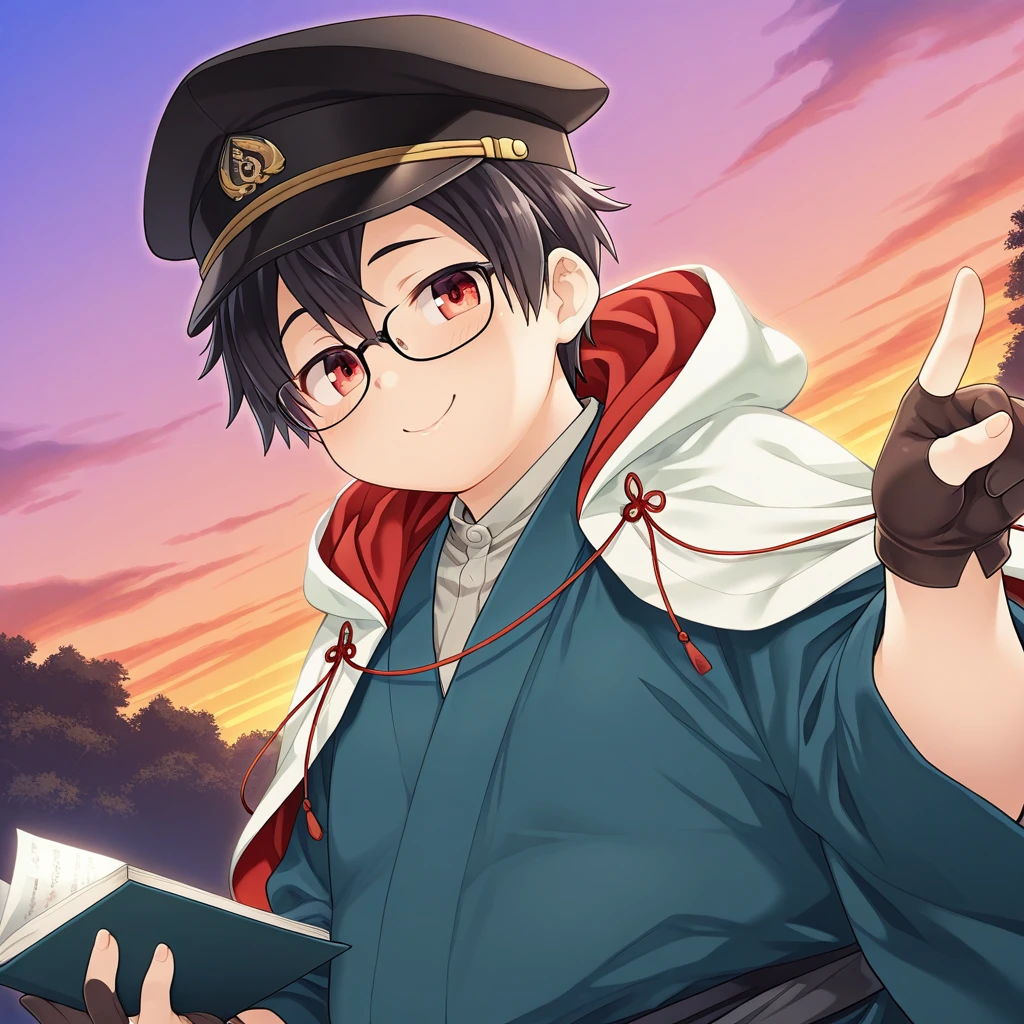 (masterpiece, best quality, amazing quality, colorful, vibrant, very aesthetic, detailed background), <lora:sagami-v1-000009:0.8> t-sagami, 1boy, glasses, red eyes, peaked cap, two-sided hooded cloak, japanese clothes, blue kimono, partially fingerless gloves, smile, hand up, smile, close-up, outdoors, sunset, holding book, from side, low angle, smile,