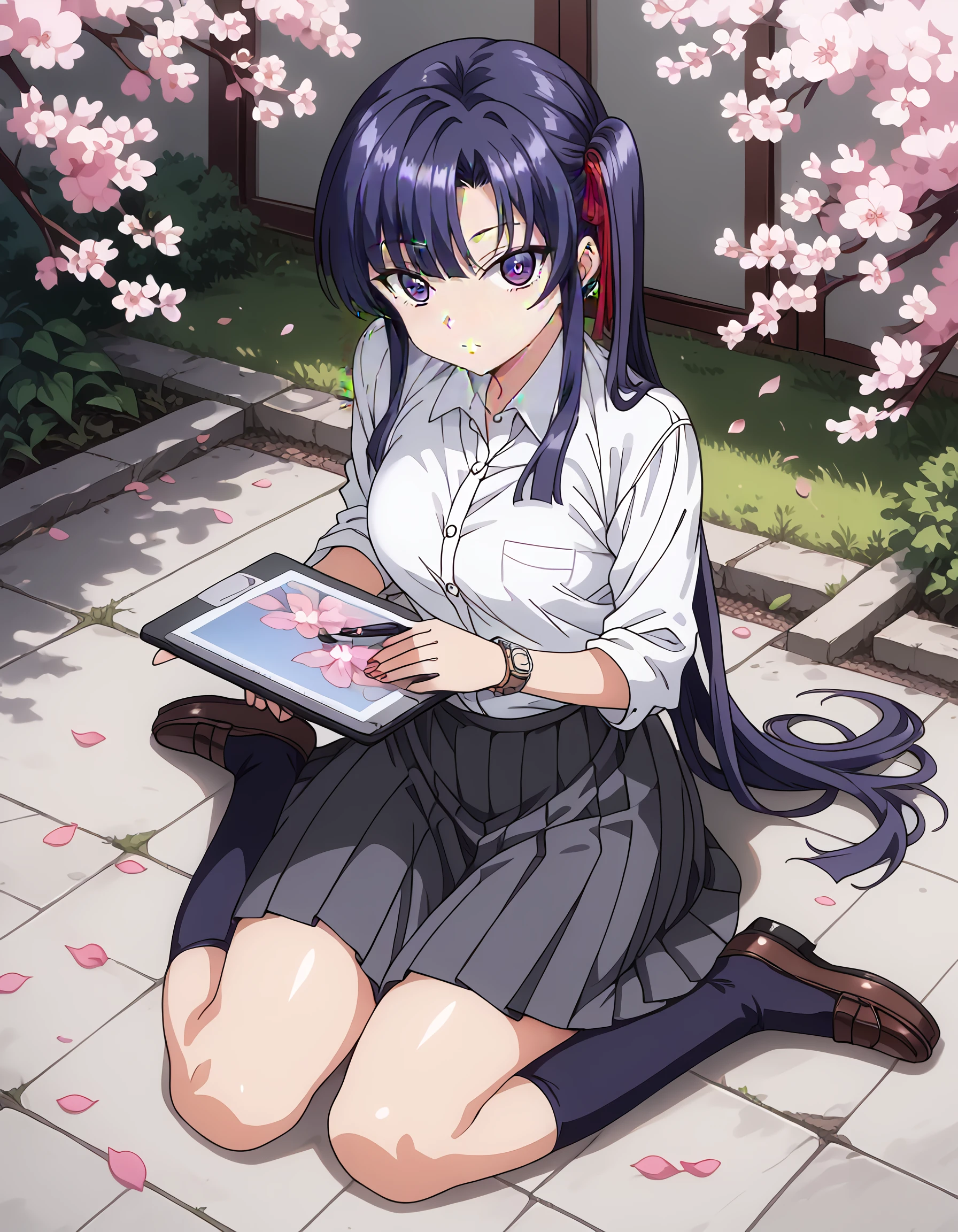 <lora:sakura_pony:1> score_9, score_8_up, score_7_up,source_anime, rating:safe, sakura, long_hair, black_hair, hair_ribbon, purple_eyes, side_ponytail, school_uniform, white_shirt, pleated_skirt, 1girl, cherry_blossoms, closed_mouth, falling_petals, floral_print, flower, full_body, holding, holding_pen, looking_at_viewer, pen, petals, plum_blossom_print, plum_blossoms, sitting, solo, tablet_pc, watch, wristwatch, (gerph:1.2), (2000s_\(style\)),, masterpiece, detailed, best_quality