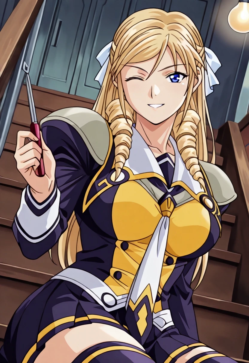 1girl,Leona Morimoto,long hair,blonde hair,drill hair,blue eyes,hair ornament,school uniform,discipline uniformn,two tone clothes,blue and yellow uniform,thigh highs,pleated skirt,Dutch angle,Sitting on stairs,(looking at viewer:1.1),Smile,happy expression,parted lips,teeth,one eye closed,Basement workshop, cluttered tools, single hanging bulb,Daytime,Humid, sticky, still,masterpiece,best quality,newest,absurdres,highres,(highly detailed eyes,perfect eyes:1.1) <lora:Leona_Morimoto_-_Illustriousv3.0:1.0>