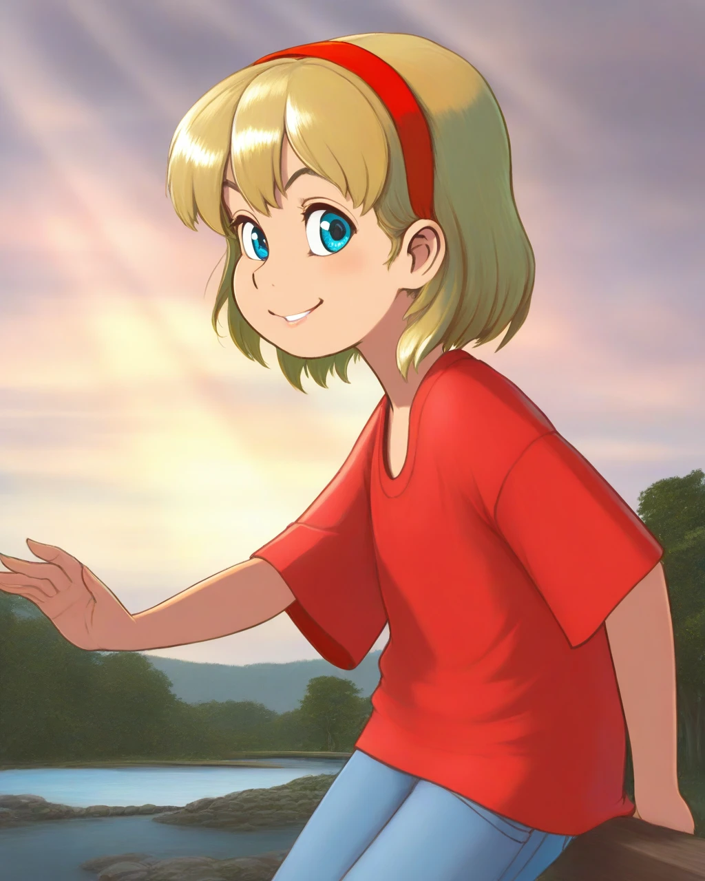 very awa, masterpiece, best quality, tsubasachyan, 1girl, solo, female child, robynstarling, blonde hair, red hairband, red shirt, short sleeves, long pants, blue pants, cowboy shot, smile, looking at viewer, cabin, tree, river, cloudy, light rays