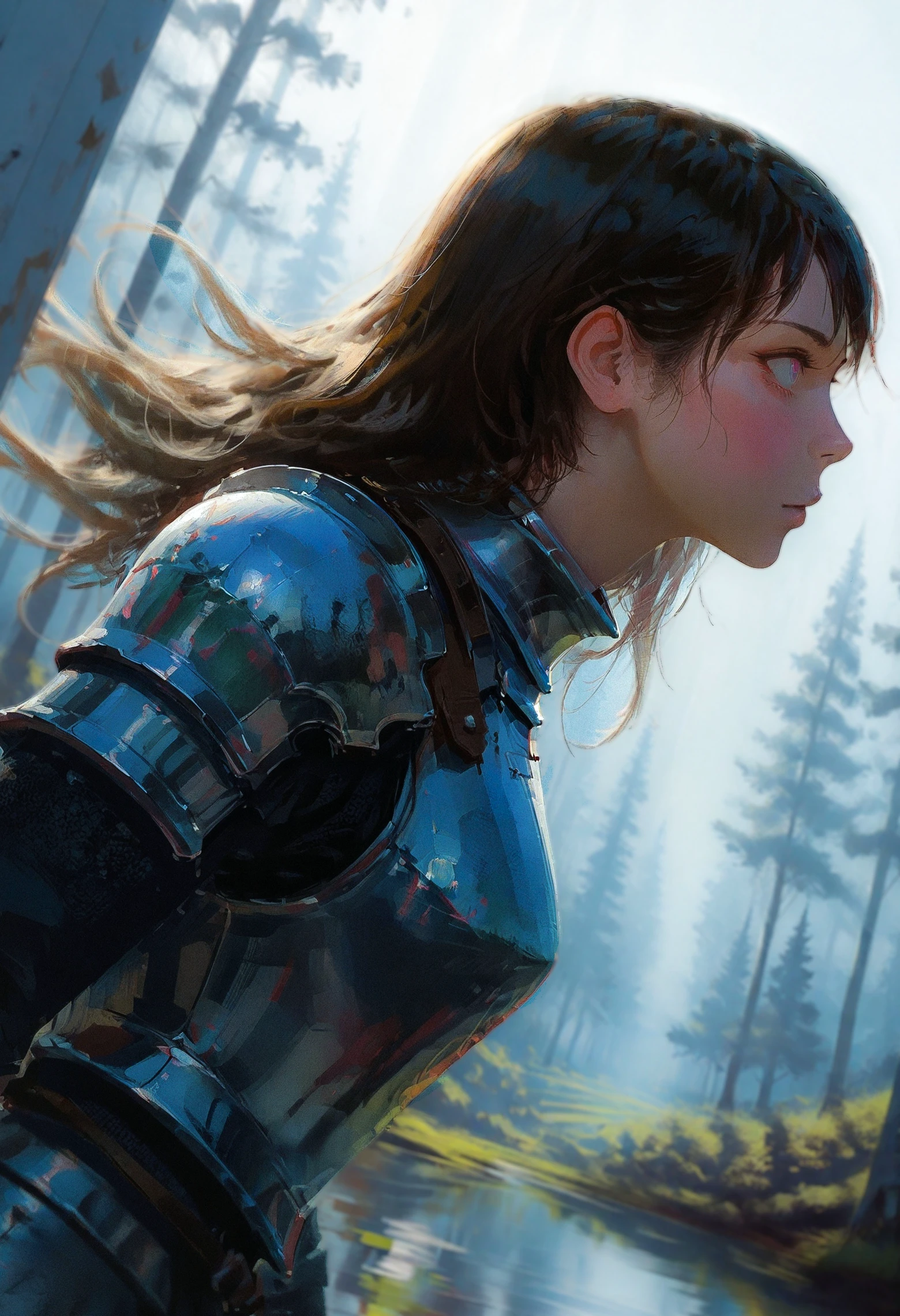 masterpiece, best quality, amazing quality,
1girl, (solo:1.2), realistic, ultra-detailed reflection on armor, depth of field, ultra-detailed and clear pupils and eyes, (from side:1.2),
wearing armor plates, pointy chin, realistic texture armor, hyper realistic skin texture, looking afar, in motion, (motion blur:1.2),  dynamic angle, dutch angle, 
detailed background, trees, forest, blurry foreground, 
 <lora:AESTX_WAI:0.5>  <lora:YTSKX-WAI:0.5>
<lora:ponyv6_noobV1_2_adamW:0.3> 
<lora:USNR STYLE_XL_lokr:0.3> usnr,