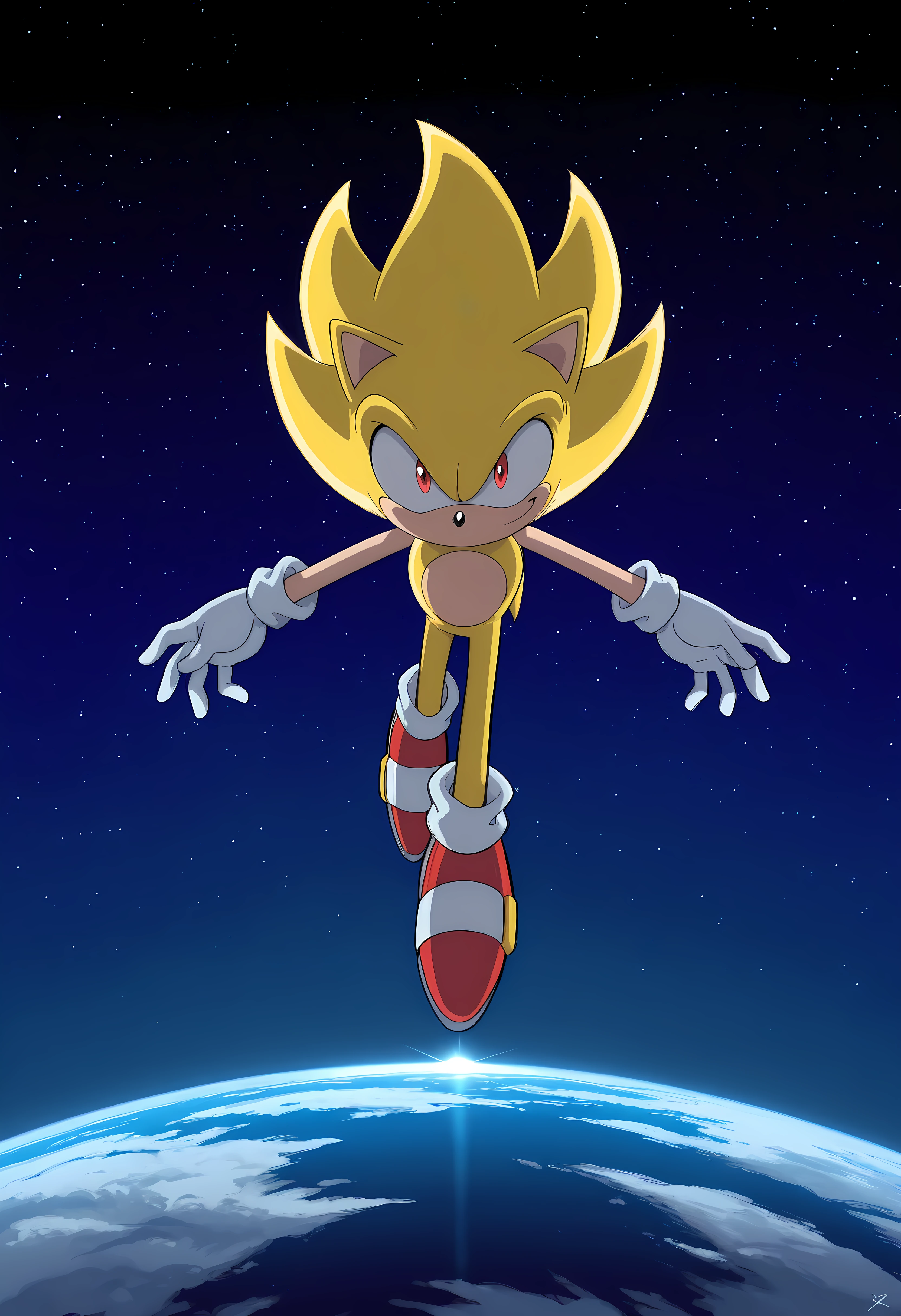 masterpiece, best quality, amazing quality, very aesthetic, absurdres, <lora:SonicX:1>, SonicX, sonic \(series\), 1boy, gloves, solo, male focus, space, smile, white gloves, star (sky), shoes, planet, earth (planet), signature, looking at viewer, sky, furry male, full body, red eyes, aura, closed mouth, starry sky, red footwear, super sonic, red eyes, yellow fur, furry, floating, dynamic pose, cowboy shot, shaded, beautiful lighting, detailed eyes, perfect eyes,