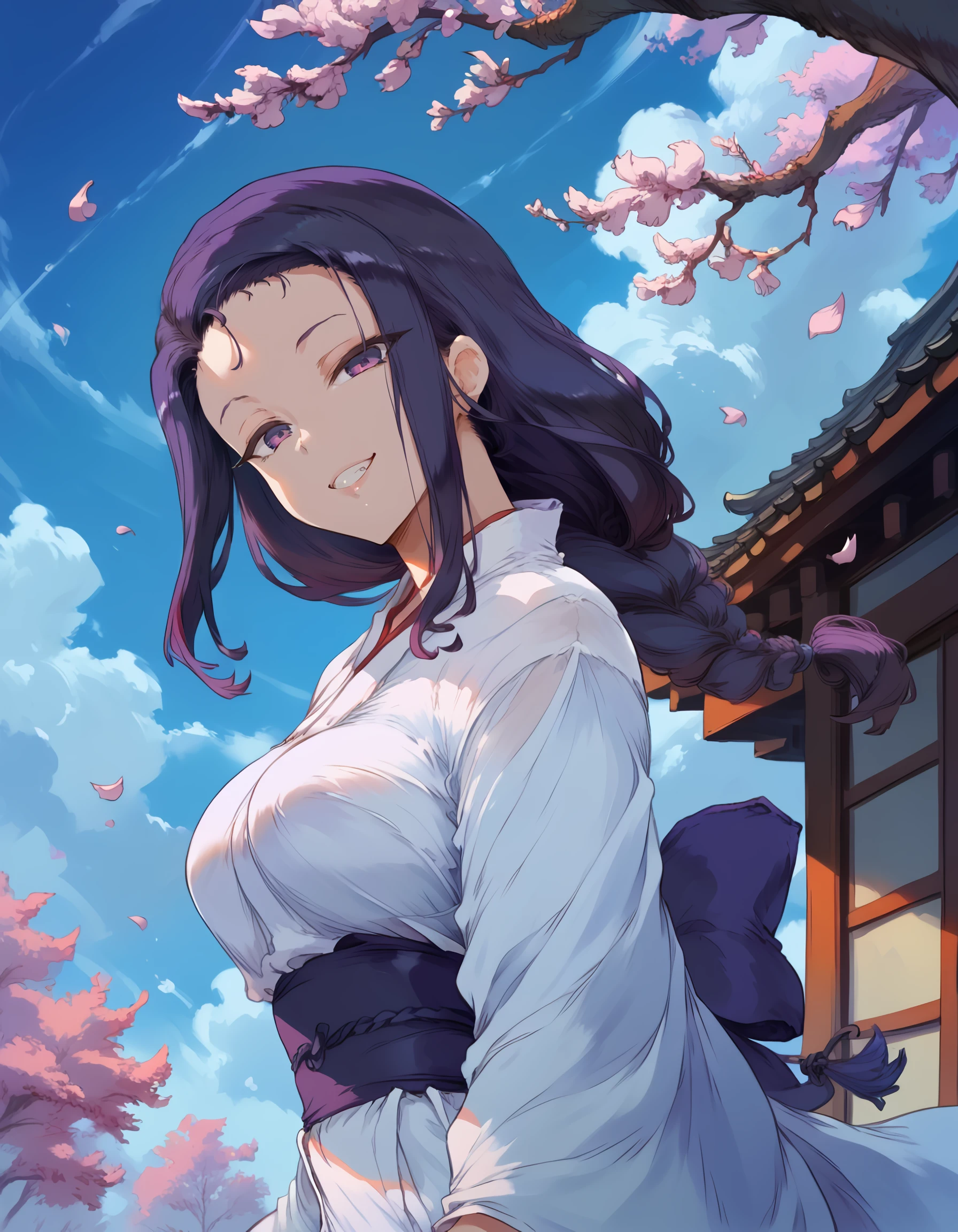 <lora:tsubaki_pony:1> score_9, score_8_up, score_7_up,source_anime, rating:safe, tsubaki, long_hair, black_hair, purple_hair, braid, purple_eyes, mature_female, japanese_clothes, 1girl, blue_sky, cherry_blossoms, falling_petals, grin, head_tilt, looking_at_viewer, petals, sky, smile, solo, lens_flare, floating_hair, floating_clothes, (cutesexyrobutts),, masterpiece, detailed, best_quality