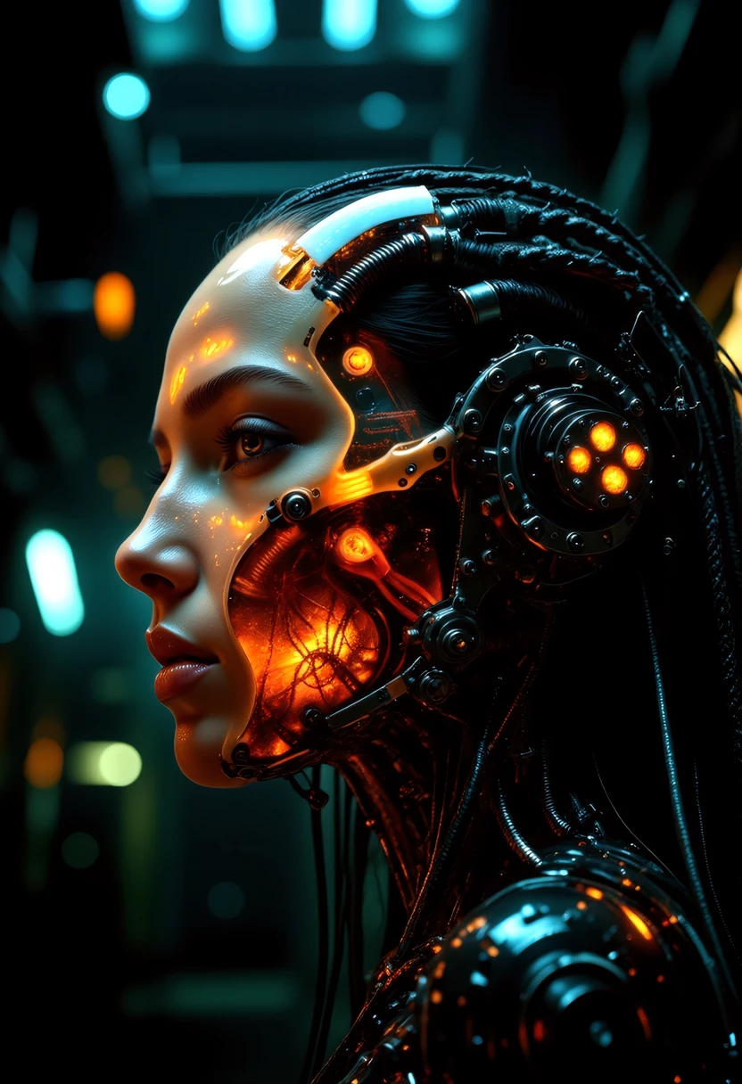 (((obra de arte))), (((Melhor qualidade))), ((ultra-detalhado)), (highly detailed CG illustration), ((extremamente delicado e lindo)),(de lado),cinematic light,((1 girl and 1 woman, both black mechanics)),juntas,corpo todo,(machine made gaskets:1.2),((mechanical members)),(blood vessels connected to tubes),(mechanical vertebra attached to the back),((mechanical cervical attaching to the neck)),(sentado),inexpressivo,(wires and cables tied around the neck:1.2),(wires and cables on the head:1.2)(Foco no personagem),Science fiction,extremamente detalhado,colorida,mais detalhado com flores ao redor