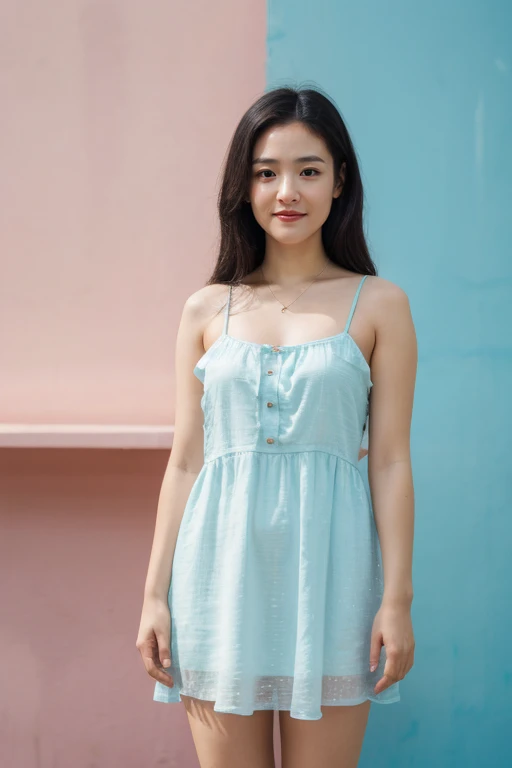 masterpiece, best quality, ultra-detailed, ultra high res, (photorealistic:1.4), raw photo, (realistic:0.2), 8k HDR, realistic cool temperature lighting, 1girl, (asian:0.2), solo, asymmetrical hair, indoor, looking at viewer, (simple pastel background:1.2), bokeh, (detailed lips), (detailed pores), (detailed skin textures), (detailed face:1.2), (full body:1.2), a woman in a standing pose, (cyan sundress:1.2), promotional image, a character portrait, smile, teeth, thigh gap,