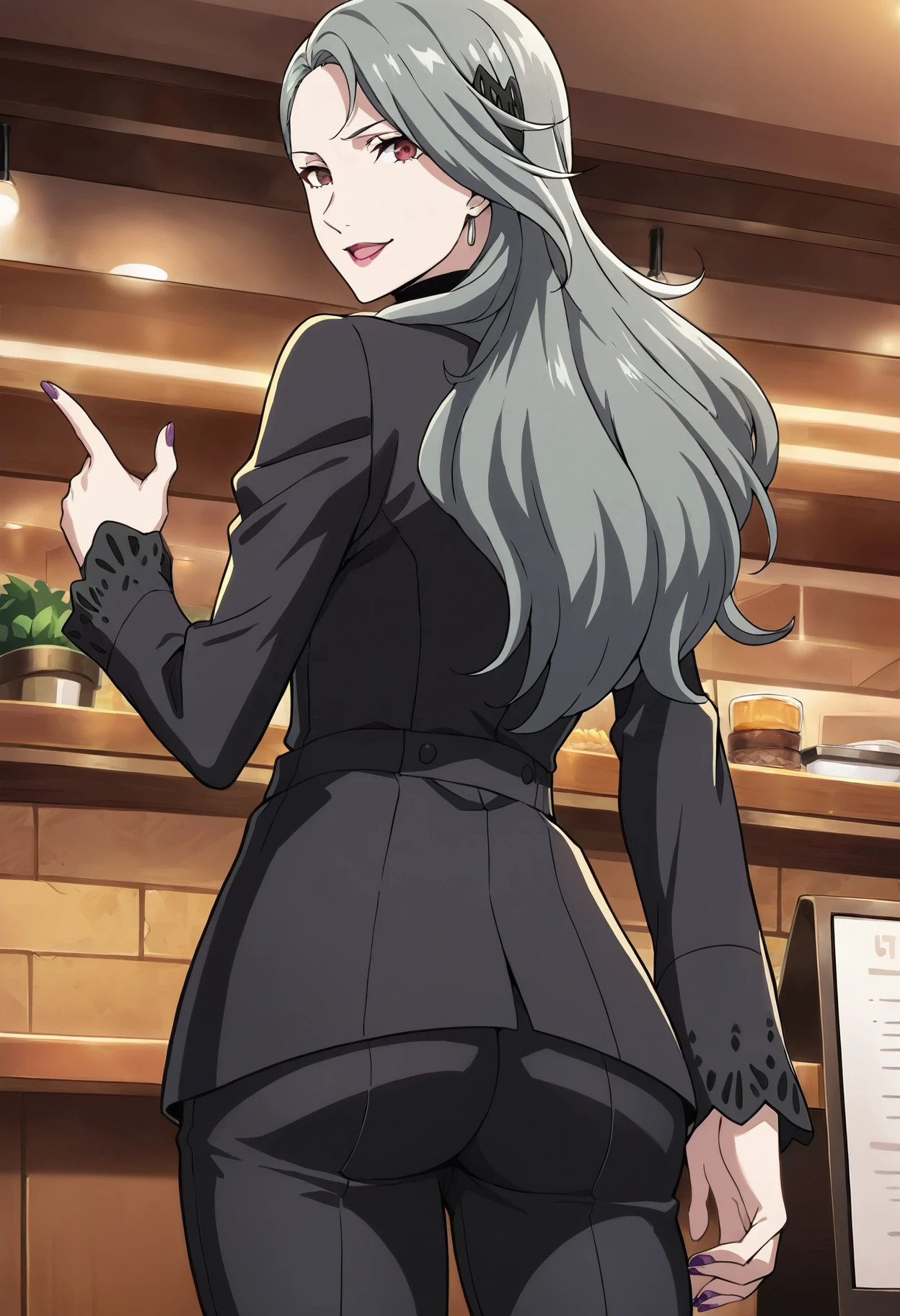 (masterwork, award-winning, masterpiece, best quality:1.2), 
1 girl, solo, cute face,
p5sae, sae niijima, long hair, grey hair, lipstick, makeup, earrings, hair ornament,
p5sae-default, grey pant suit, formal, turtleneck, suit, purple nail polish,
cafe, from behind, low angle, looking back, looking at viewer, winking, smile, butt