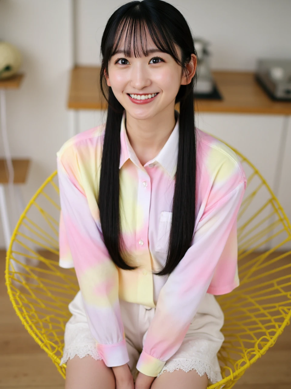 A photograph of a smiling young woman named Ichinose, with long black hair in pigtails, wearing a loose, tie-dye pastel pink and yellow shirt and white lace shorts, sitting on a yellow wire chair in a softly lit, modern kitchen with blurred background elements.