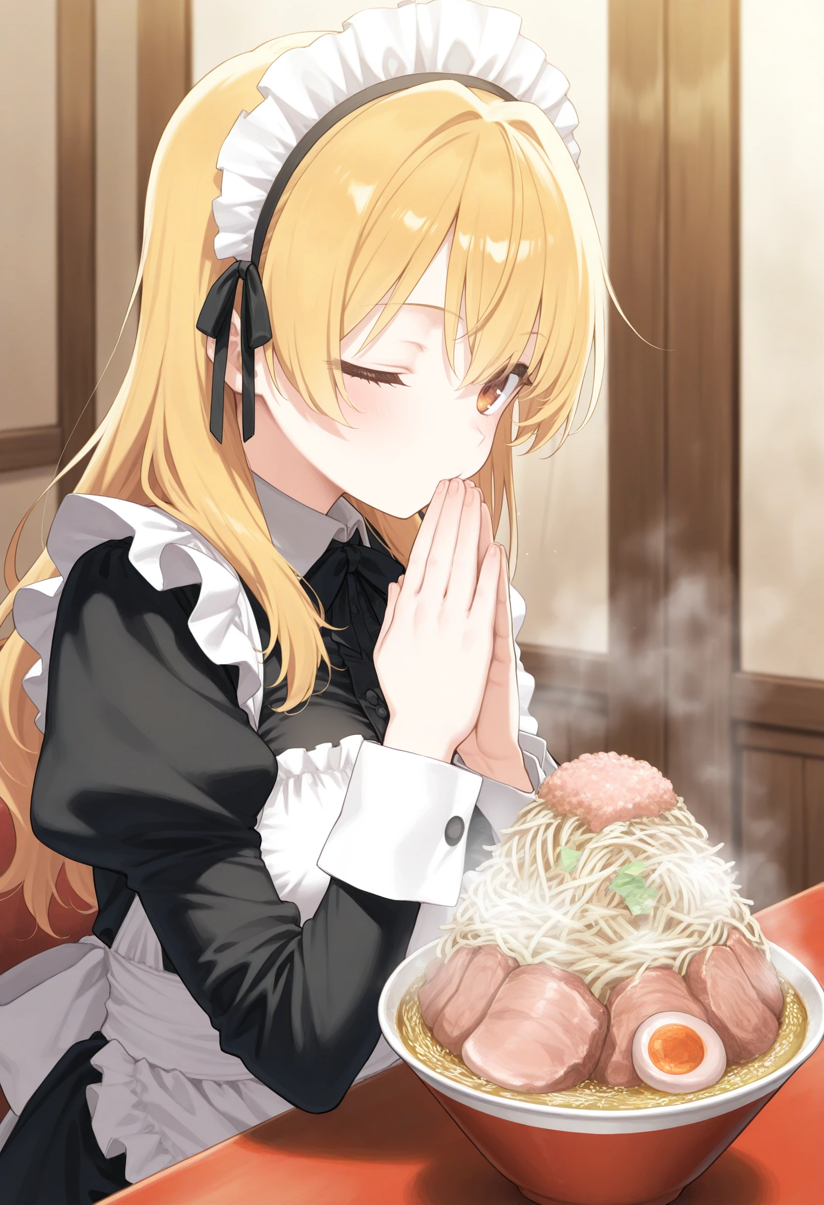 1girl,(sho \(sho lwlw\):0.7),(toosaka asagi:0.5),(sincos:0.3),solo,
masterpiece, best quality, newest, absurdres, CG, anime, source anime, illustration,
maid, maid headdress,medium breasts,
jirou,ramen,noodles, sitting, table, own hands together, palms together, hands up, steam, <lora:jirou_Illust_v1:0.8>
from side, feet out of frame, looking at viewer, blonde hair, brown eyes,one eye closed, tired hair,
