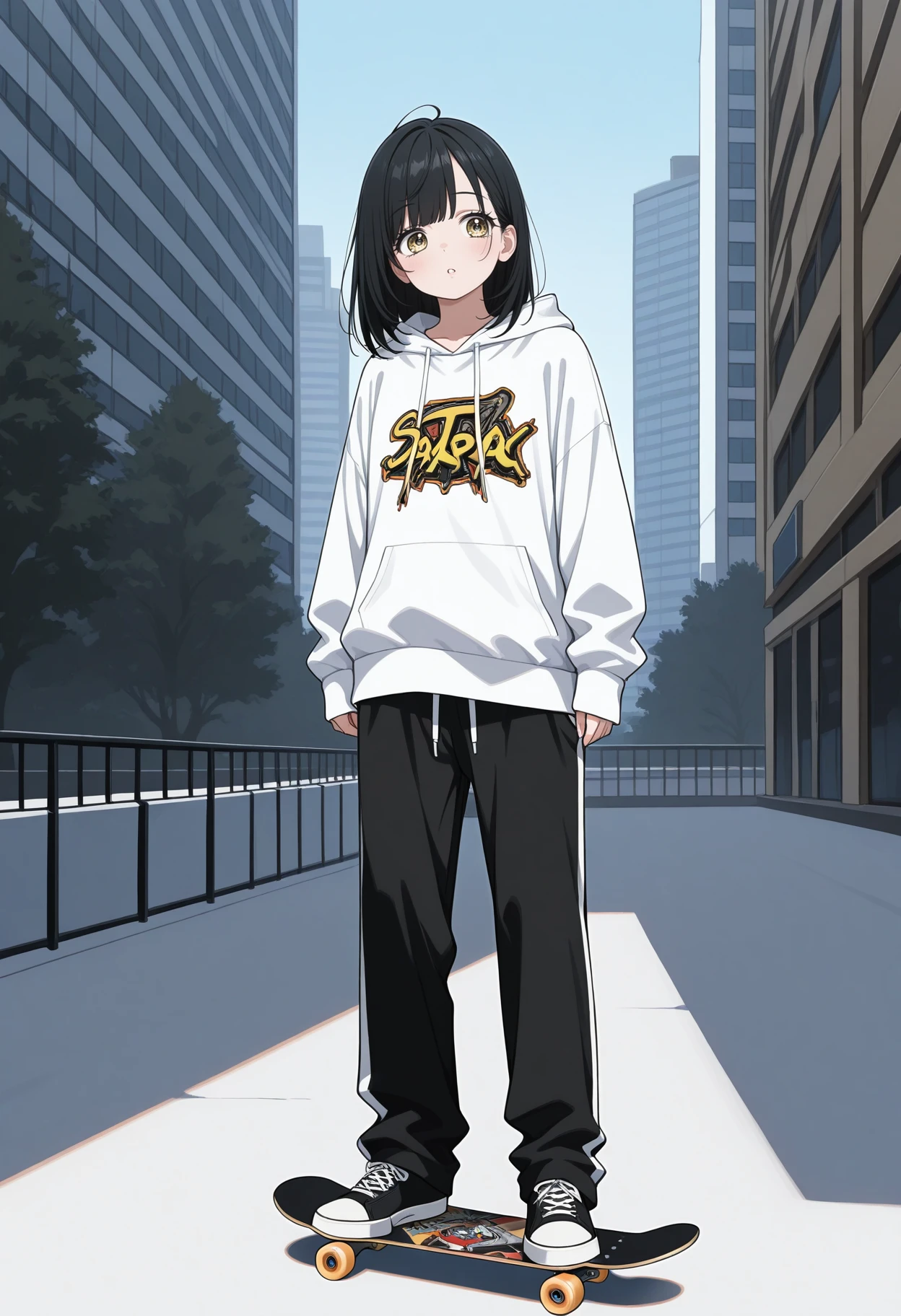 masterpiece, best quality 1girl,solo, black hair, medium hair, yellow eyes,
overshirt, hoodie, sweatpants, skateboarding, skateboard, outdoors, skatepark, city,
<lora:ishimori_uka_meipaws_1:1>