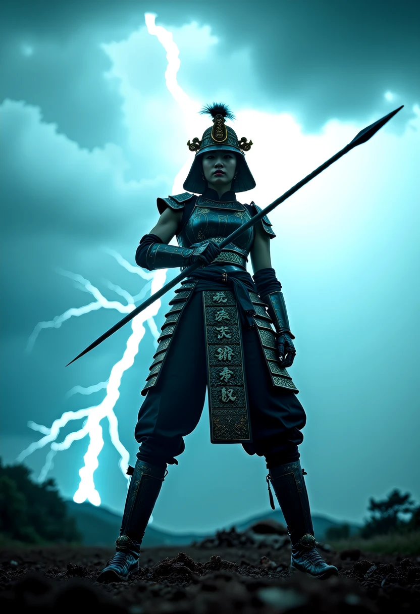 Amidst a storm-laden sky with a severe lightning storm, portrait of a Chinese ninjapunk warrior stands ready, her ancient ceremonial armor. Her pose, tall and proud, exudes strength and confidence as she wields her spear, ready to face any challenge. The armor, a masterpiece of craftsmanship, accentuates her lithe yet muscular figure, its intricate details highlighted by the dramatic lighting. This scene, with its vibrant colors and high contrast, portrays a powerful woman, a force to be reckoned with, leaving viewers in awe of her beauty, strength, and the ancient traditions she embodies. , <lora:ARTifacts:0.8>,  <lora:flux/flux realism lora.safetensors:1.0>,  <lora:art and styles/MysticFantasy.safetensors:1.0>,  <lora:scifi/RM Robotify v0.7M.safetensors:1.0>,