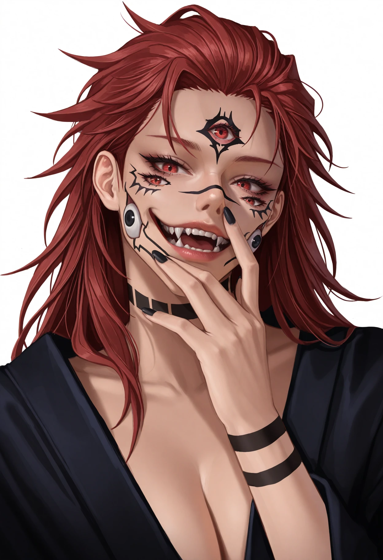 <lora:EclipticaILXL-000015:1> 3cl1pt1ca,
1girl, solo, (genderswap), long hair, (mtf), extra eyes, white background, simple background, tattoo, black nails, facial tattoo, ryoumen sukuna, (jujutsu kaisen), looking at viewer, red hair, mask, masterpiece, best quality, amazing quality, intricate detail, highly detailed, absurdres,