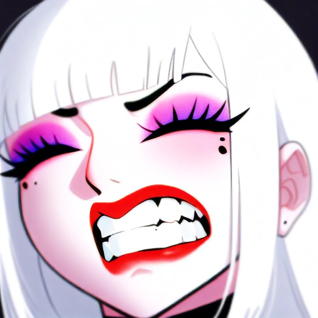 Score_9, score_8_up, score_7_up, str4in, 1girl, solo, white hair, closed eyes, teeth, blunt bangs, makeup, bangs, mole, clenched teeth, mole under eye, eyeshadow