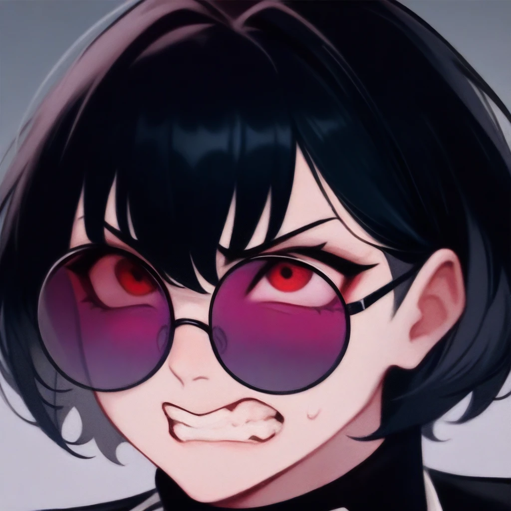 Score_9, score_8_up, score_7_up, str4in, 1girl, teeth, round eyewear, tinted eyewear, short hair, black hair, red eyes, clenched teeth, portrait, glasses