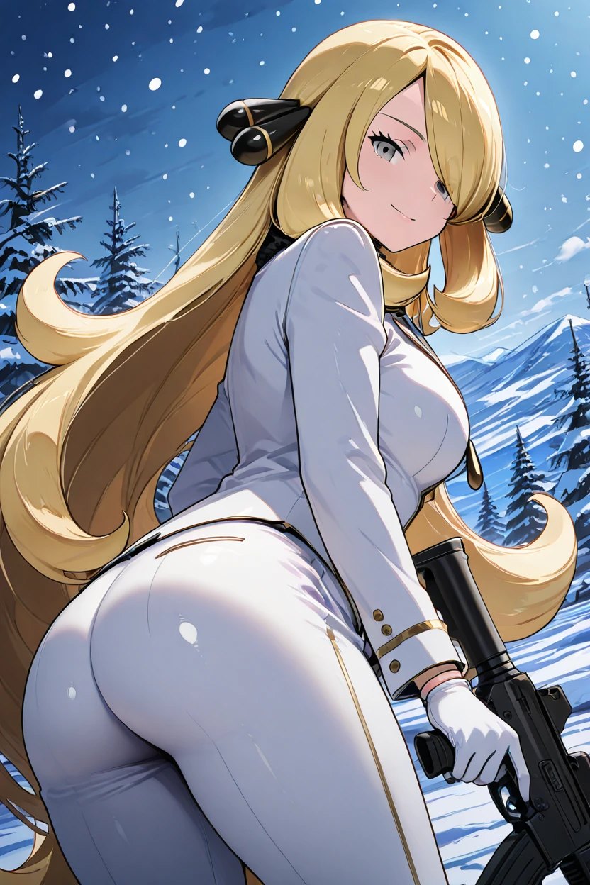 masterpiece, best quality, solo, curvy, beautiful eyes, C007Citron, grey eyes, hair over one eye, blonde hair, hair ornament, long hair, long sleeves, white gloves, white jacket, white pants, alternate costume, shirt, holding gun, snowing, assault rifle, smile, looking at viewer, <lora:Cynthia007IXL:1.0>, side view, ass, leaning forward, cowboy shot, smile, looking at viewer, shiny skin,(official pokemon art style),