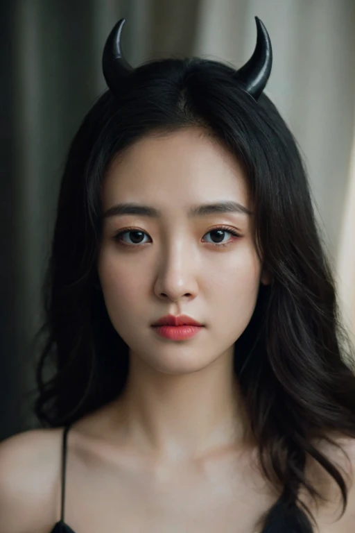 unparalleled 8K UHD professional photograph that stands as a testament to the zenith of artistic vision, set against the backdrop of a spellbinding fantasy realm. At the heart of this realm is a 19-year-old girl with large , a figure of sublime beauty with cascading soft black hair that glimmers like strands of starlight. Her presence is a harmonious contradiction: while her visage radiates innocence, her amazingly elegantly arched black devil horns unveil her true identity as a bona fide real demon. These devil horns, majestic yet menacing, are a perfect embodiment of her dual nature, blending seamlessly with her enchanting allure. Her pale hands, captured in exquisite detail, are not just visually striking but are also imbued with the narrative of her demonic heritage, each line and curve a whisper of her ancient lineage. By her side stands a majestic, enigmatic giant crow, a noble companion whose presence complements her own formidable essence. Their bond transcends the ordinary, radiating a joy that is both pure and deeply rooted in their shared mystical bond. The scene is bathed in a resplendent natural light that not only illuminates but also enhances the surreal elements of this otherworldly setting. The light weaves through her hair, dances around her horns, and casts a noble glow on her scary giant crow companion, against a backdrop that is vibrant and dreamlike. This composition is a masterful interplay of light and shadow, adding depth and dimension, and rendering every texture so vivid that it feels tangible. This photograph is more than a visual feast; it's an immersive experience. The viewer is not merely observing but is drawn into a world where the line between reality and fantasy blurs, touched by the beauty, mystery, and intrinsic joy of this demon girl and her mythical crow. It's a portrayal that transcends the medium, capturing the essence of their otherworldly existence in a moment frozen in time.