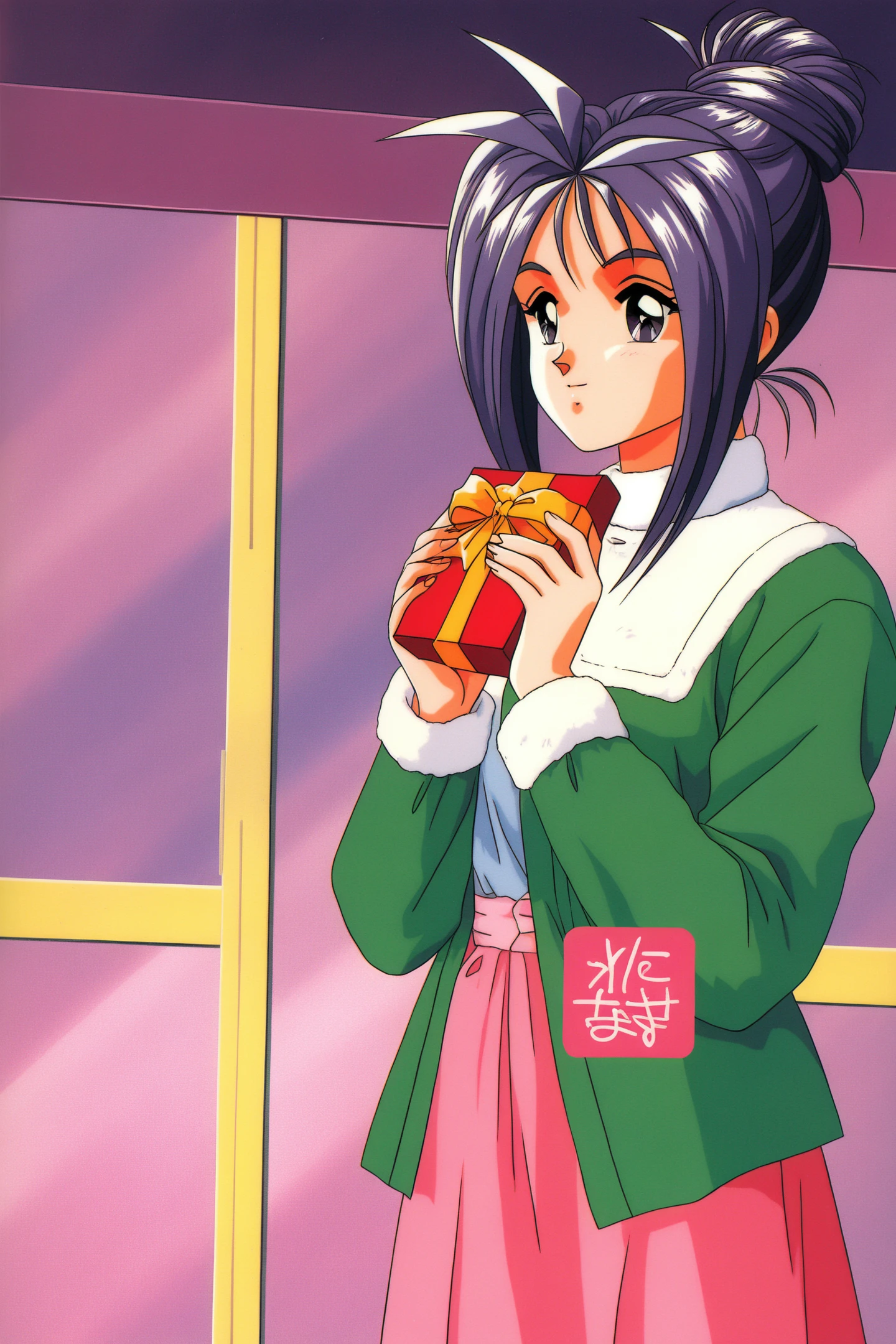 Ayako Katagiri,1girl,solo,gift,holding gift,holding,1990s (style),long sleeves,retro artstyle,
<lora:Tokimeki Memorial_illustriousXL:0.8>,