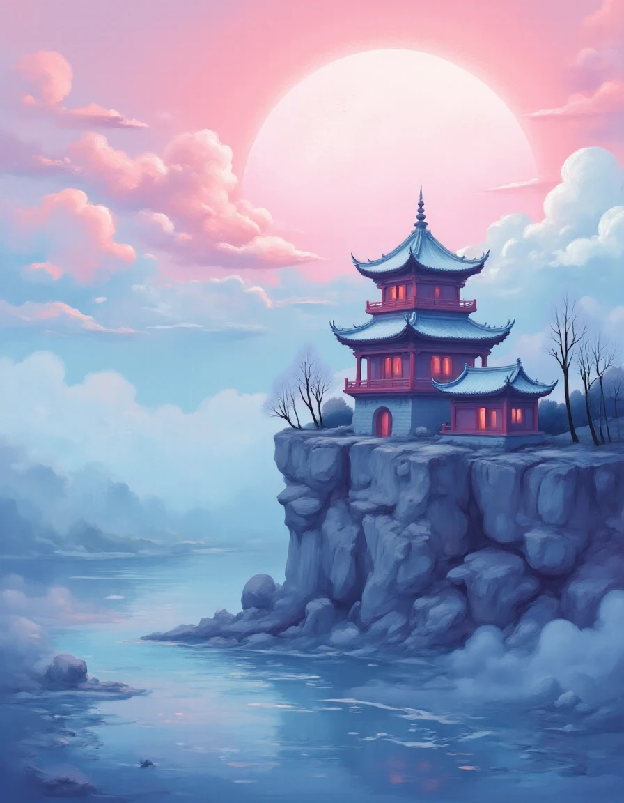 in the style of pastel dream a painting of a red Chinese-style building on the cliff, pine trees covered in snow in winter, misty rain and fog, aerial view, overlooking the lake water below. The blue sky is shrouded in clouds, with white ice crystals covering it, creating an ethereal feeling of tranquility and grandeur. Aerial perspective.<lora:pastel-dream:1>