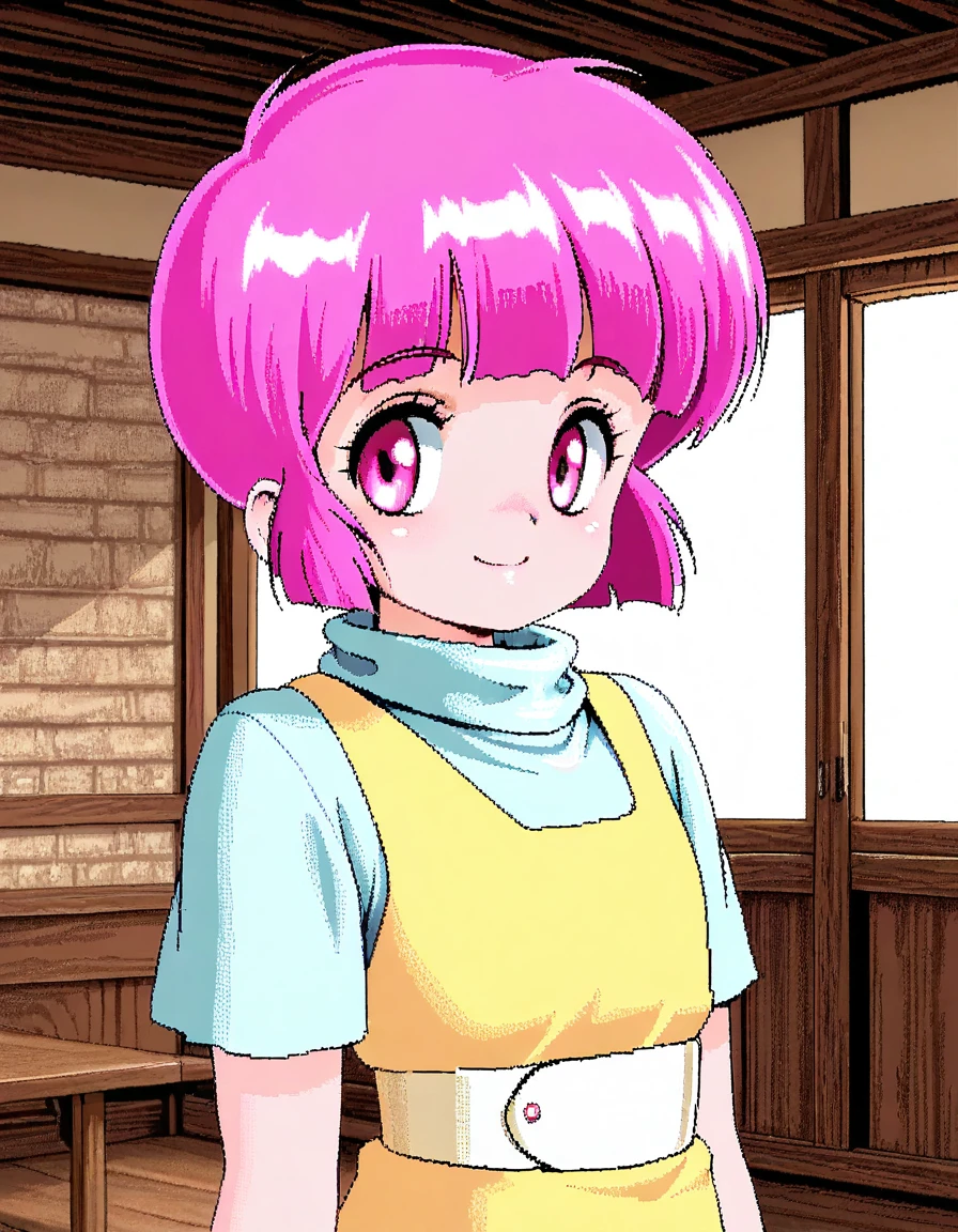 <lora:InjuuGenmu_AiO_illust_p2-000035:0.7> 1girl, solo, katori tsubame
dress over shirts, yellow dress, short sleeves, belt, turtleneck
upper body, standing, looking at viewer, smile,
masterpiece, best quality, looking at viewer, ig1ststyle, indoors, real world location