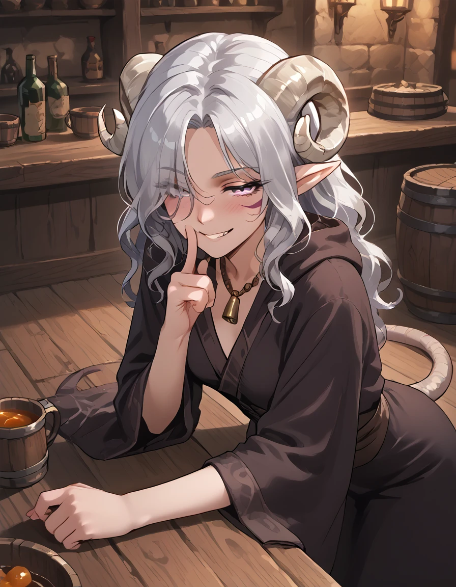 naughty face, solo, tavern,<lora:whisker_markings:1> red whisker_markings:1.7,whisker_markings,
pointy ears, tiefling, silver hair, ivory sheep horn,<lora:shushing:1> shushing:1.4,fingers on lip, looking at viwer,
silver long wavy hair, bell necklace, short pointy ears, purple eyes, <lora:age_slider_v4:1> purple pupils,rat tail, purple eyes, <lora:Test_Diana:0.7> tiefling_bard_diana:1.2,
<lora:Erin Danua prefectPonyxl:0.2> parted bangs, hair over one eye, braid,
skinny, source_anime,score_7_up, robe,
tavern, solo, blush, from above,back,bent over, rating_safe, hand on robe,
tavern_cup, <lora:EgakaPony:0.3> dark robe, medival shirts, medium breasts, seductive smile, seducing viewer, grin, bare arms,