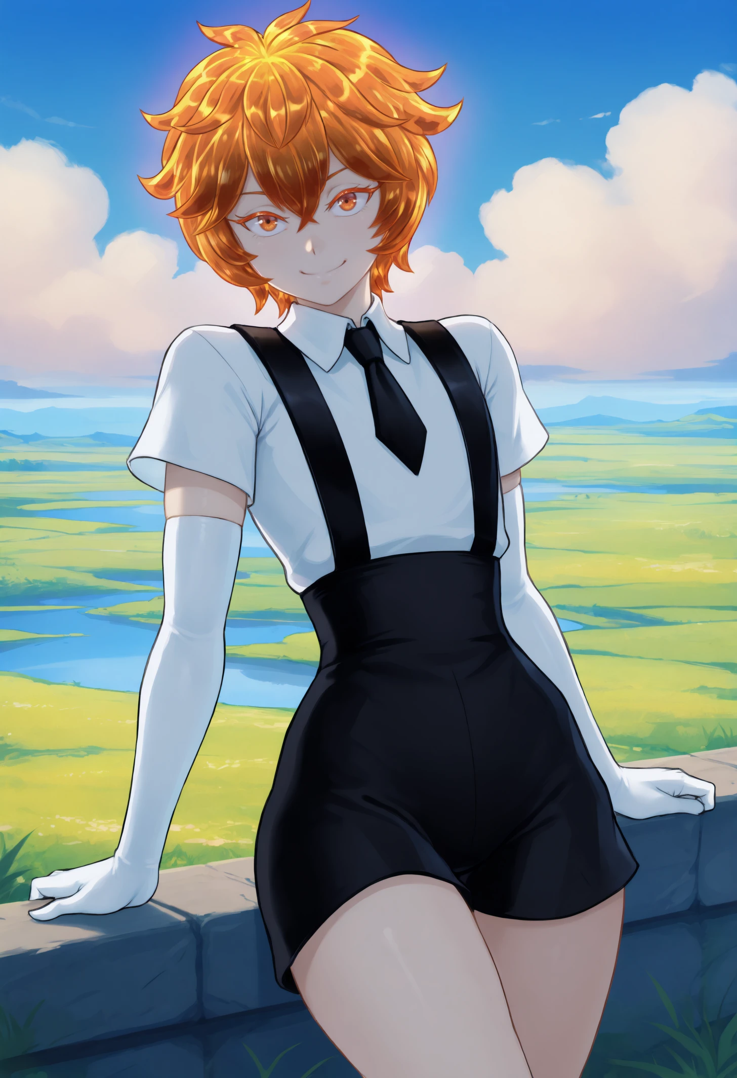 masterpiece, best quality, 1other, androgynous, light skin, colored skin, orange eyes, colored eyelashes, orange hair, glowing hair, crystal hair, short hair, 
white collared shirt, short sleeves, black necktie, elbow gloves, white gloves, black suspender shorts,
looking at viewer, cute smile,
outdoors, blue sky, clouds, scenery, 
<lora:Zircon-Houseki-no-Kuni-NoobAi-1.1_V1-Manityro-CAME:1.0>