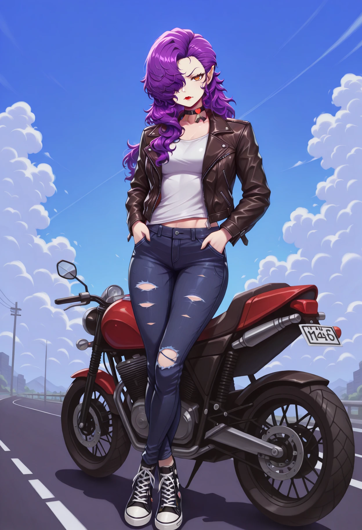 masterpiece, best quality, 1girl, looking at viewer, scowl, hands in pockets, crossed ankles, <lora:ManEaterSMT-illu:1> mnetr, purple hair, long hair, hair over one eye, orange eyes, red lips, pointy ears, heart choker, midriff peek, leather jacket, white undershirt, torn jeans, motorcycle, road, cloud, blue sky, converse