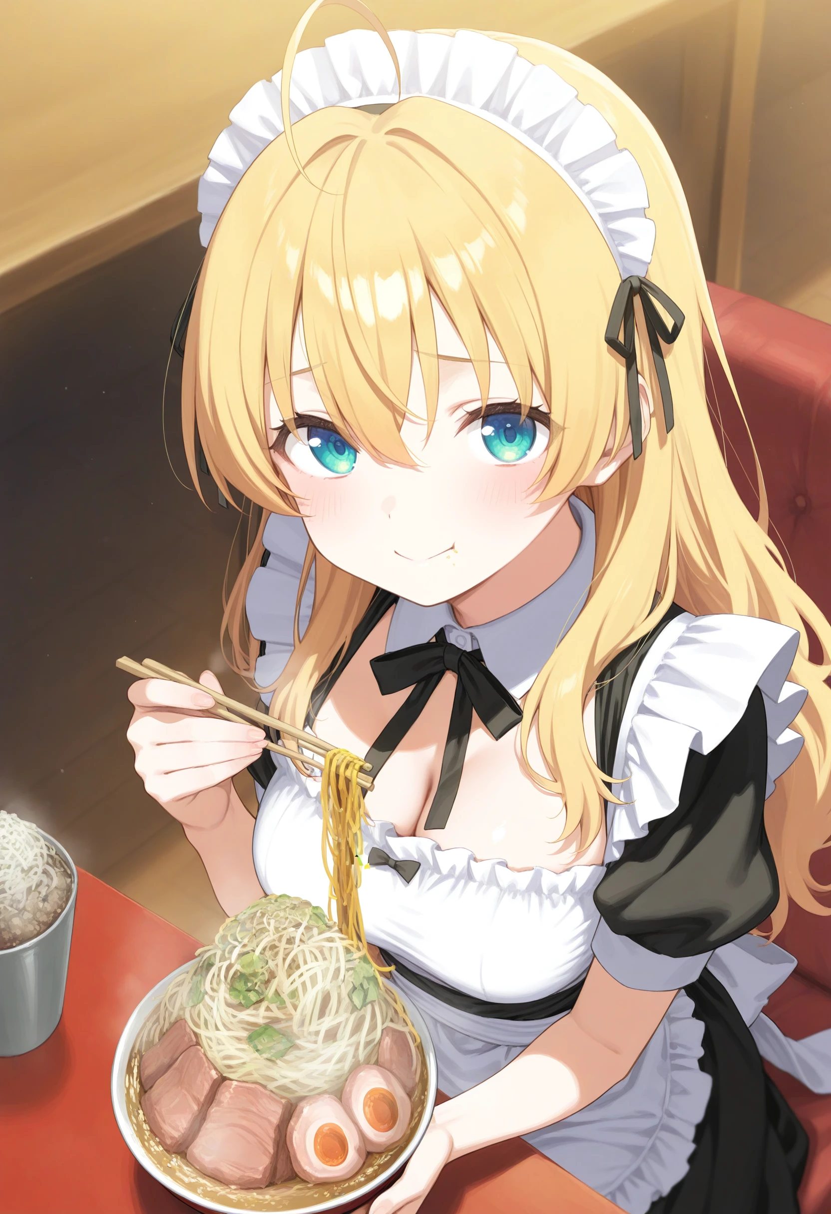 1girl,(sho \(sho lwlw\):0.7),(toosaka asagi:0.5),(sincos:0.3),solo,
masterpiece, best quality, newest, absurdres, CG, anime, source anime, illustration,
maid, maid headdress,medium breasts,
jirou,ramen,eating, noodles, holding bowl, sitting, table, <lora:jirou_Illust_v1:0.8>
from above, fisheye lens, looking at viewer, blonde hair, aqua eyes,sad smile, tired hair,