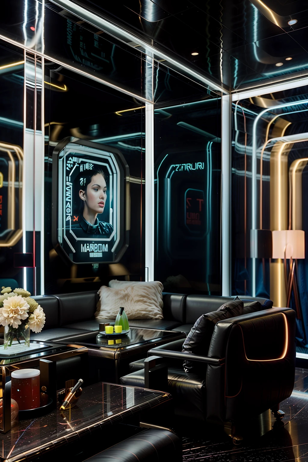 <lora:JJsKaraokeRoom:1> , ((karaoke room)) ,   interior, indoors, ((neon light)), Masterpiece, best quality, authentic, super detail , high quality, ceiling light,no humans,highly detailed, screen, sofa, table, ,RAW photo, subject, 8k uhd, dslr, soft lighting, high quality, film grain, Fujifilm XT3, Sci-Fi Inspired fashion style, draws inspiration from science fiction movies, and futurism, features futuristic silhouettes,  and avant-garde designs, promotes imagination and innovation in fashion, explores concepts of technology