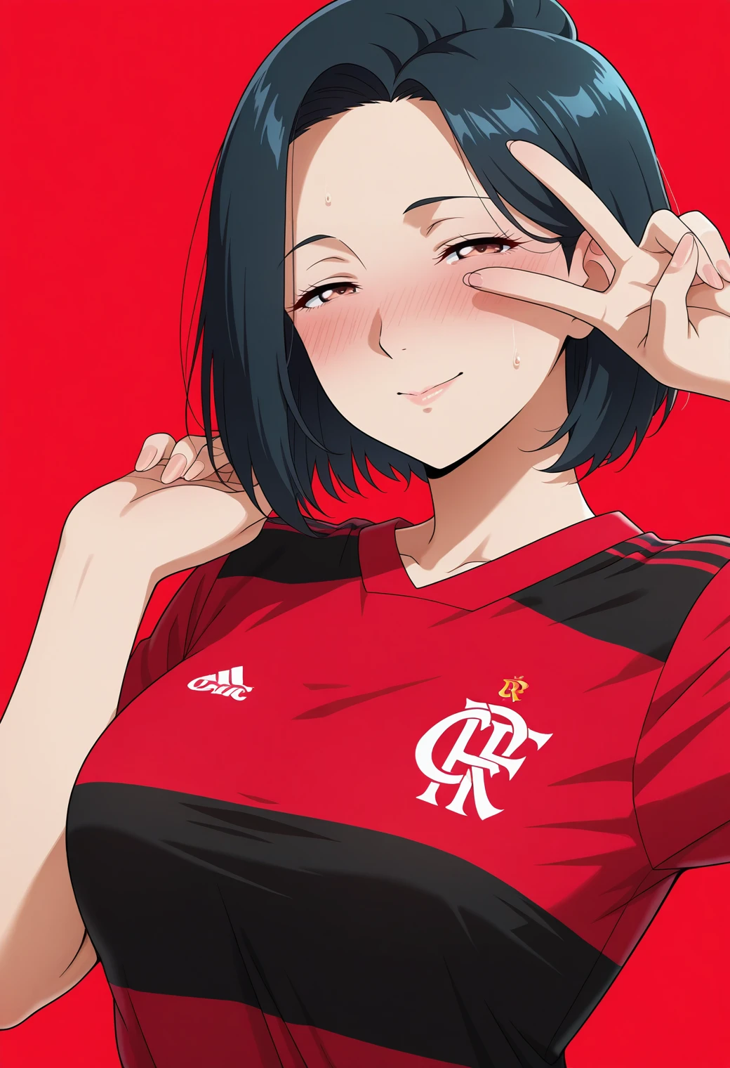 masterpiece, best quality, amazing quality, anime screencap, anime anime coloring, , 1girl,mature female, black hair, half-closed eyes, blush,  <lora:DX888CRFIL:1> crf, soccer uniform,  BREAK  simple background,  red  background,  BREAK v over eye, upper body,