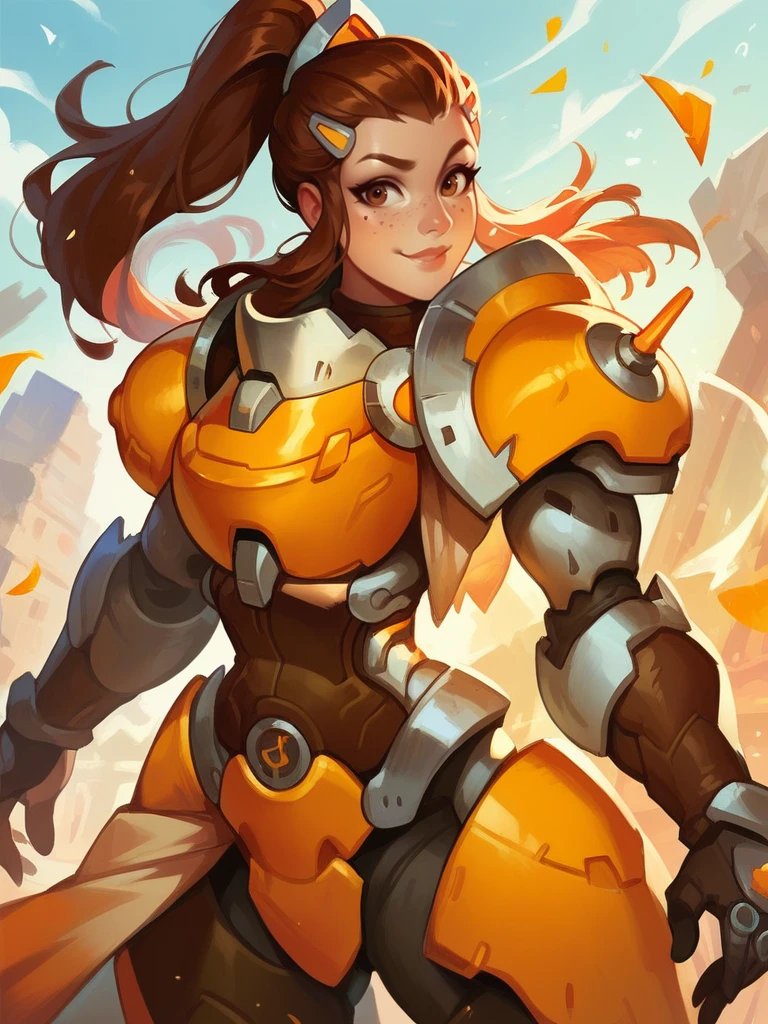 score_9, score_8_up, score_7_up, 1girl, dynamic pose, cowboy shot, looking at viewer, sexy pose, sexually suggestive, light smile, dutch angle, mechanics workshop, from side,
<lora:ABriggite_character:0.8>, BriggiteXL, brown eyes, brown hair, ponytail, hair pulled back, freckles, hairclip, sidelocks,, power armor, armor, breastplate,, <lora:Bonifasco_PonyXL_v1:0.6>