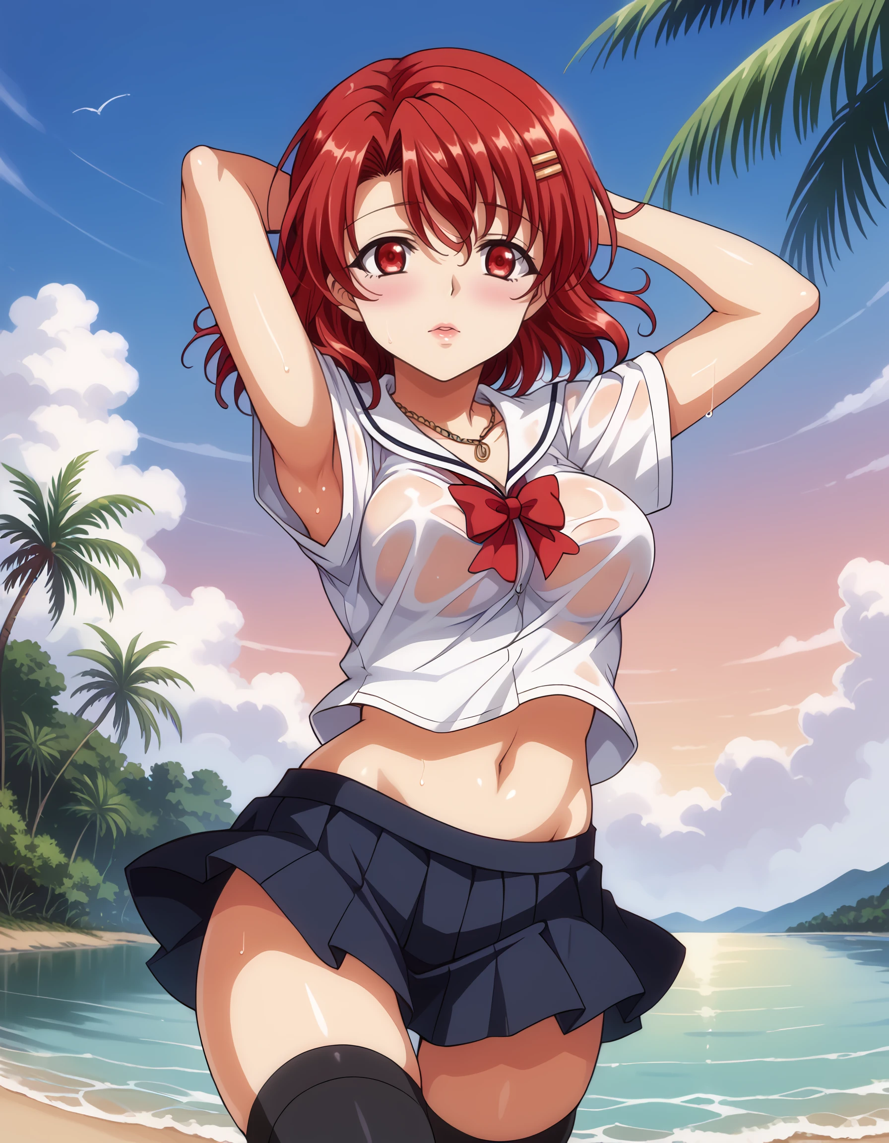 <lora:yui_pony:1> score_9, score_8_up, score_7_up,source_anime, rating:safe, yui, short_hair, red_hair, red_eyes, hair_ornament, hairclip, school_uniform, jacket, white_shirt, red_bow, black_thighhighs, 1girl, armpit_peek, arms_up, blue_sky, blush, breasts, collarbone, day, draph, jewelry, large_breasts, lips, navel, necklace, outdoors, palm_tree, pink_lips, sky, solo, stomach, thigh_strap, thighs, tree, water, wet, (milkpanda:1.0), (2000s_\(style\)),, masterpiece, detailed, best_quality