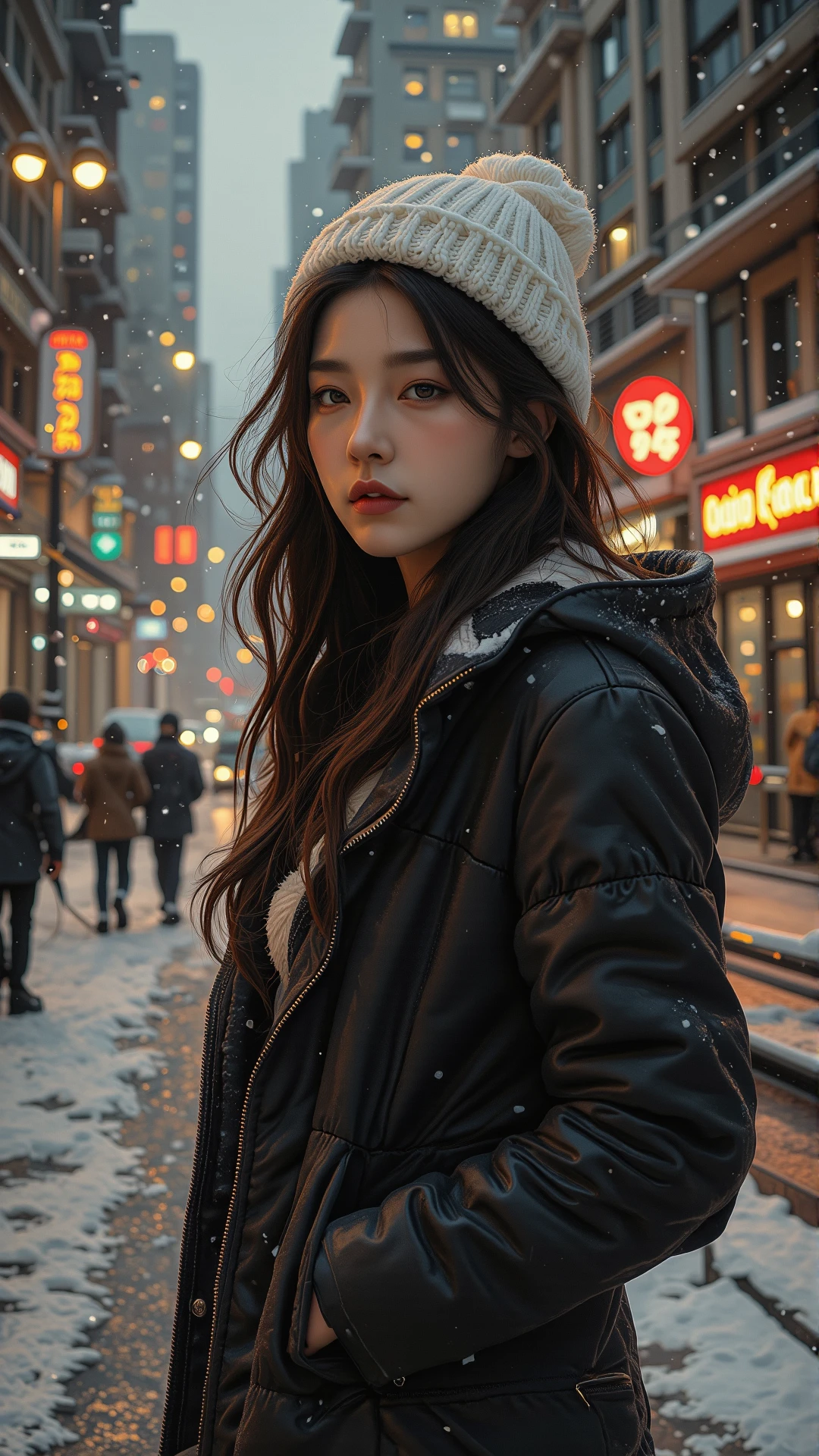 picture of one lady,IMG_2222.HEIC,This is a panoramic photograph of a young Asian woman in a snowy urban environment,shot from the side,with long straight black hair blown by the wind,wearing a black hooded jacket and a white knitted beanie. She has a confident expression and looks like a model for a fashion magazine The background shows a cityscape of tall buildings and busy streets. Snow is actively falling,creating a feeling of cold and winter. Streetlights and signs can be seen,including a red sign on a white background,possibly a restaurant or bar sign. The woman was standing on the sidewalk,and there were some cars and pedestrians on the street behind her. The whole scene is dark,the ambient light of the street lamps and buildings accentuates the sad atmosphere,and the texture of the snowflakes and the fabric of her coat are clearly visible,adding depth and detail to the photo. The image has a realistic,almost cinematic quality that captures the moments of the city's winter beauty. highly detailed,ultra-high resolution,32K UHD,sharp focus,best-quality,masterpiece,unconventional supreme masterpiece,masterful details,depth of field,blurry background,blurry foreground,motion blur,going really fast masterpiece,deep focus,color graded cinematic,atmospheric lighting,award film grain,A shot with tension,(Visual impact,giving the poster a dynamic and visually striking appearance:1.2),impactful picture,ultra-realistic,high dynamic range,photoreal,epic realistic,dark shot,shadows,(This is a real high-definition photo:1.1),with professional photography and high resolution,contrast,layered colors,vivid colors,contrast,offcial art,movie perspective,very aesthetic,disheveled hair,perfect composition,intricate details,moody,epic,photorealistic,intricate details,soothing tones,high contrast,natural skin texture,soft light,sharp,masterpiece,best quality,(ray tracing),sunlight,insanely interplay between lights and shadows,
