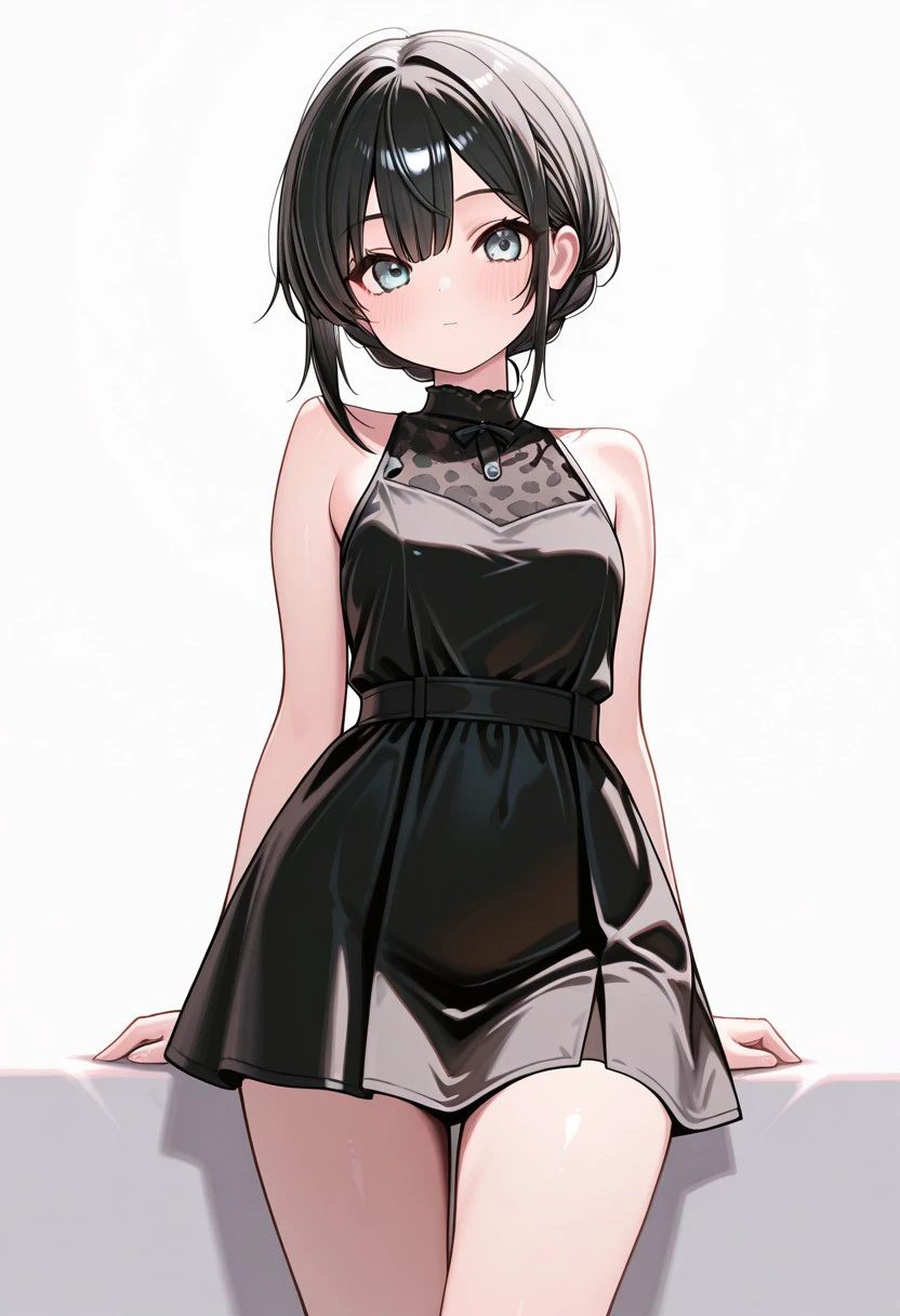 An anime girl with black and somewhat short hair, at shoulder height, wearing a short skirt and a tight tank top, highlighting your breasts. She has a blush on her face from embarrassment, has a provocative look. She's pretty sexy.