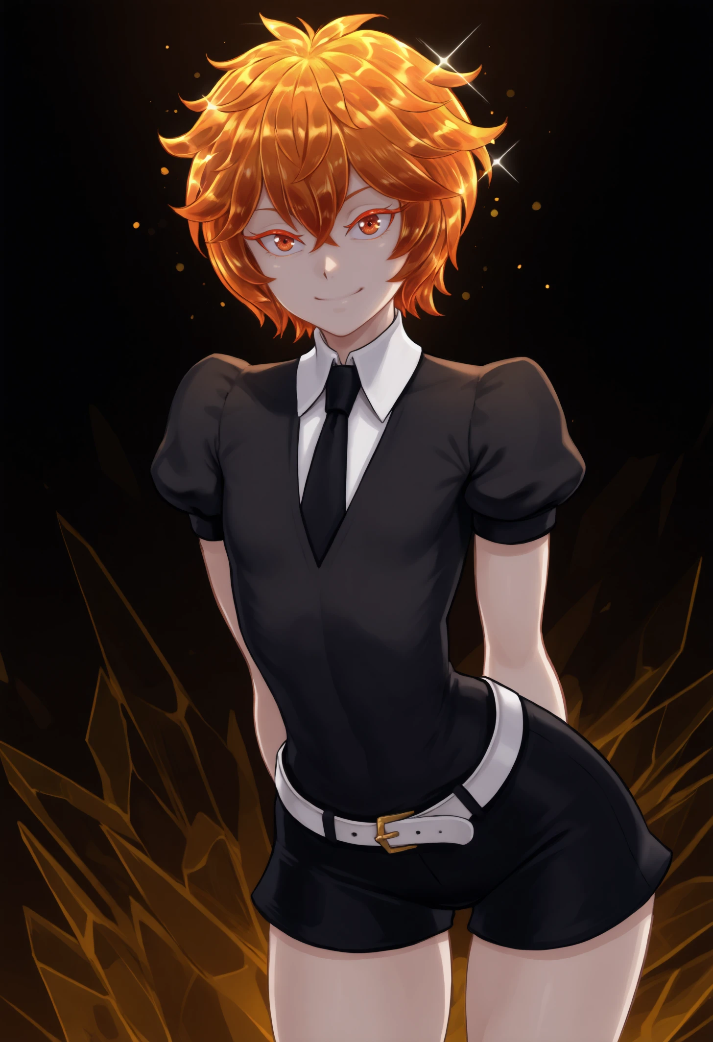 masterpiece, best quality, 1other, androgynous, light skin, colored skin, orange eyes, red eyes, colored eyelashes, orange hair, crystal hair, short hair,
slim, skinny,
black shirt, white collared shirt, puffy short sleeves, black necktie, white belt, black shorts,
looking at viewer, happy, arms behind back, leaning, pose, 
dark background, abstract background, sparkle, orange shards, wind,
<lora:Zircon-Houseki-no-Kuni-NoobAi-1.1_V1-Manityro-CAME:1.0>