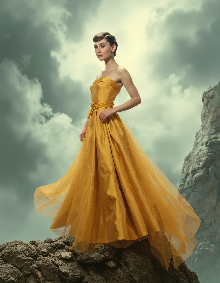 4udr3yh3p8urn, a woman styled as a modern goddess in a flowing golden gown, short pixie cut hair, standing atop a rocky cliff with stormy clouds swirling behind her, facing viewer <lora:Audrey-Hepburn_F1D_v01e09:1.1>, dramatic lighting, bold textures, ethereal and commanding presence, cinematic epic atmosphereâââ