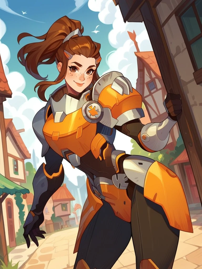 score_9, score_8_up, score_7_up, 1girl, dynamic pose, cowboy shot, looking at viewer, sexy pose, sexually suggestive, light smile, dutch angle, town, sky, leaning forward,
<lora:ABriggite_character:0.8>, BriggiteXL, brown eyes, brown hair, ponytail, hair pulled back, freckles, hairclip, sidelocks,, power armor, armor, breastplate,, <lora:afkArenaStylePony:0.8> afkArenaStyle,