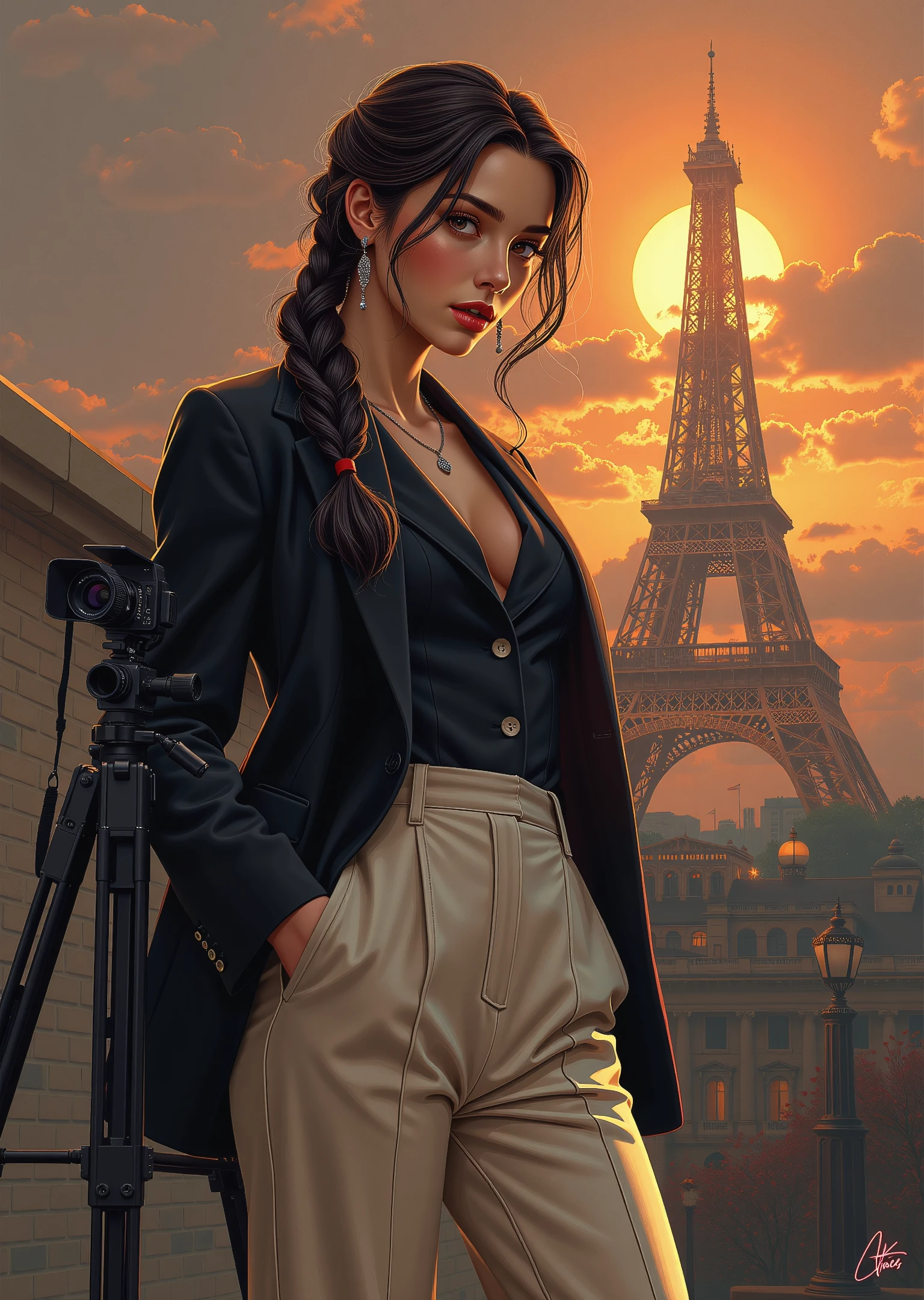 a beautiful cinematic sexy female,Fishtail braid,Dark brown hair,dressed in a monochrome pantsuit with wide-leg trousers and a matching jacket,Tower of Babel,(detailed masterpiece intricate details award winning lots of details),film camera,Nostalgic lighting