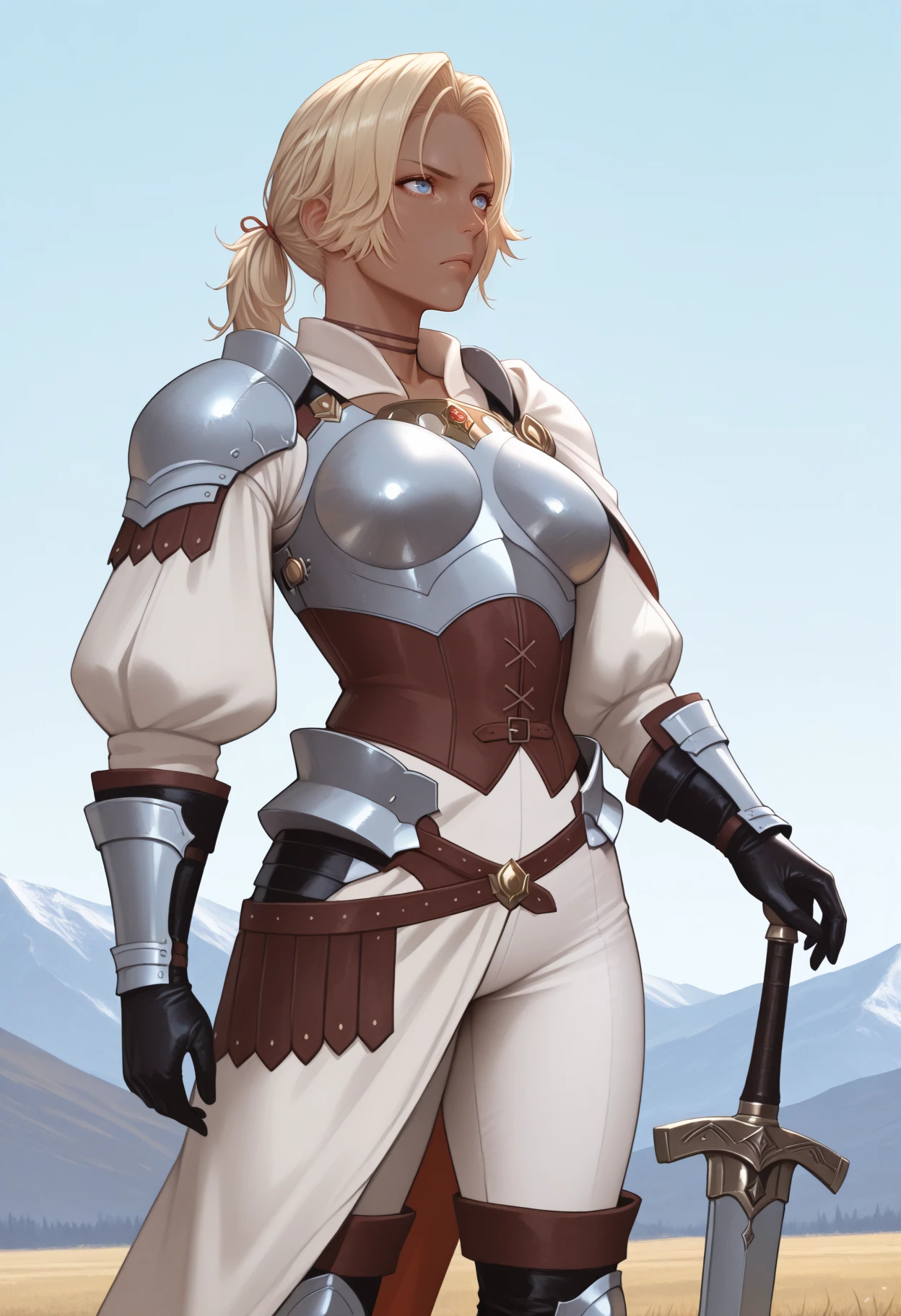masterpiece, best quality, realistic, 1girl, standing, planted sword, hand on hilt, looking afar, serious, <lora:CatherineFE-illu:1> dfCath, blonde hair, short ponytail, curtained hair, blue eyes, dark-skinned female, choker, pauldrons, white capelet, boobplate, puffy sleeves, vambraces, leather gloves, brown corset, waist cape, faulds, brown belt, white pants, thigh boots, knee pads, black footwear, mountainous horizon, blue sky