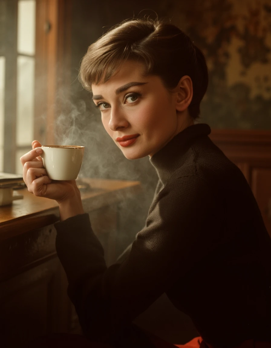 4udr3yh3p8urn, a woman seated in a vintage cafÃ©, wearing a fitted sweater and pencil skirt, holding a steaming cup of coffee, natural light streaming through the window onto her face <lora:F1D_Audrey-Hepburn_v01e09:1.0>, detailed facial features, warm tones, inviting atmosphere, cinematic realismâââ